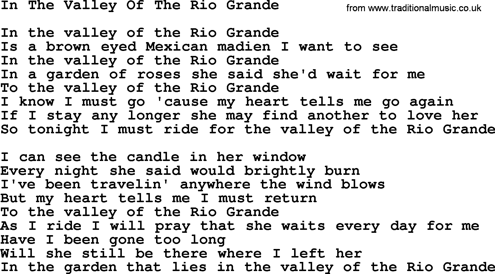 Marty Robbins song: In The Valley Of The Rio Grande, lyrics
