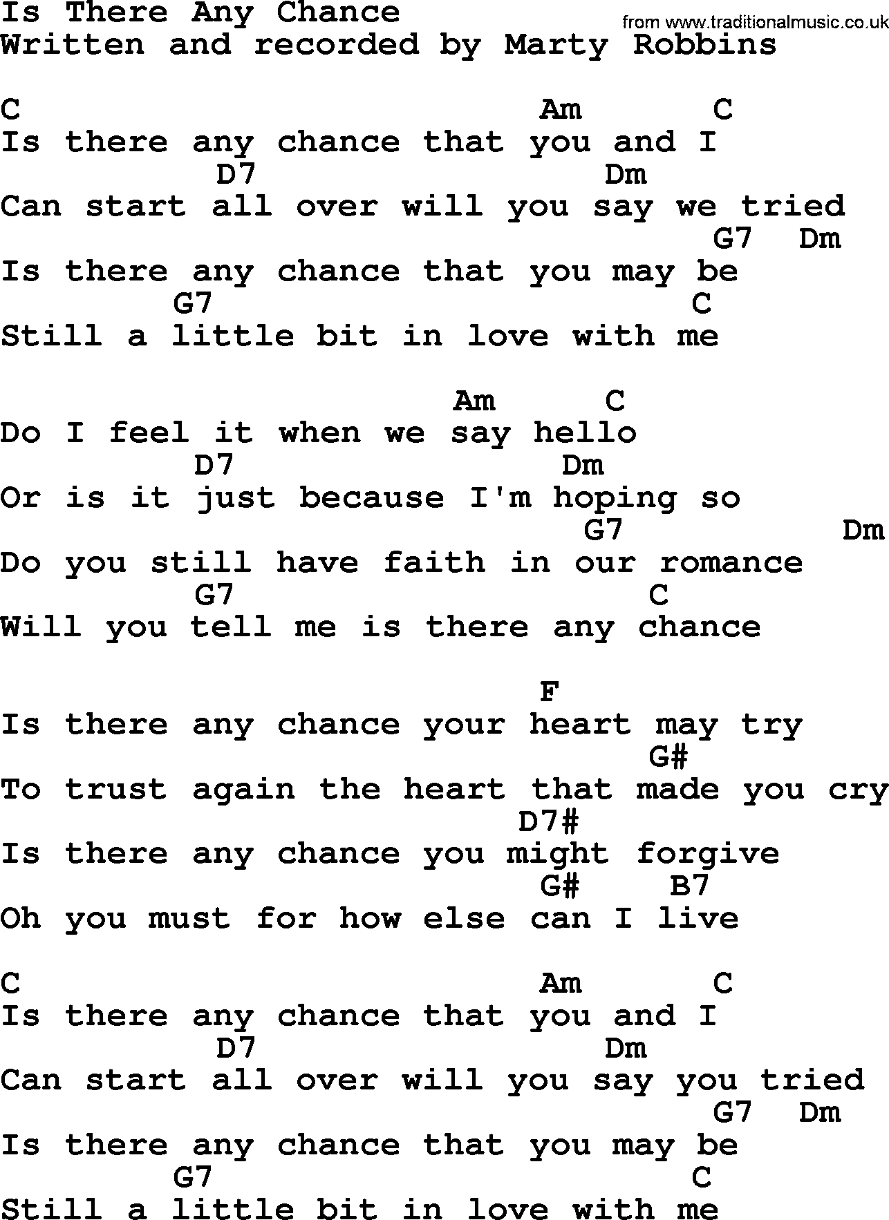 Marty Robbins song: Is There Any Chance, lyrics and chords