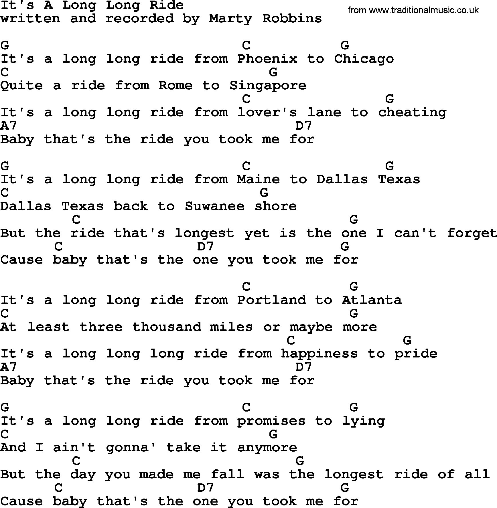 Marty Robbins song: It's A Long Long Ride, lyrics and chords