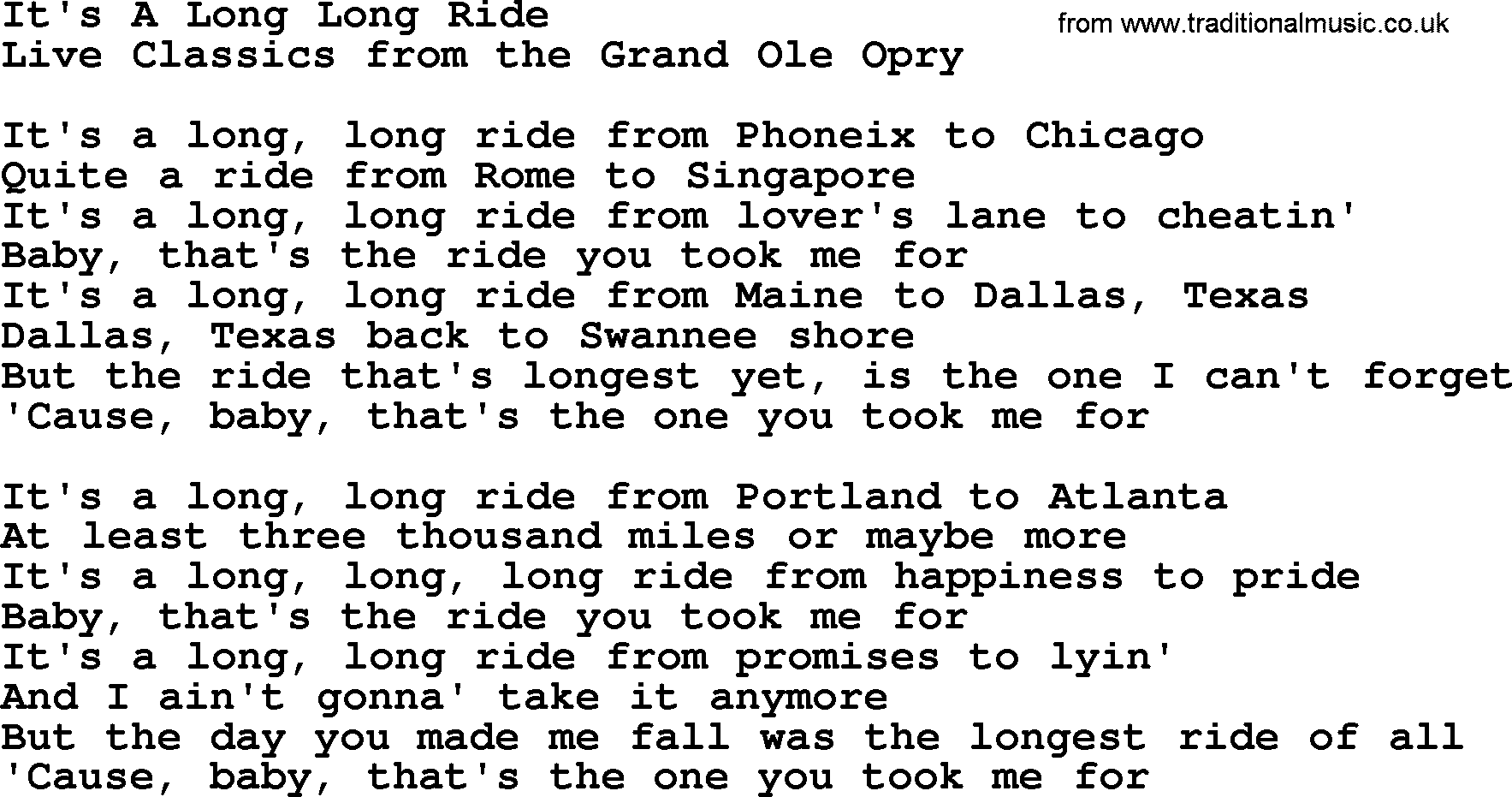 Marty Robbins song: It's A Long Long Ride, lyrics