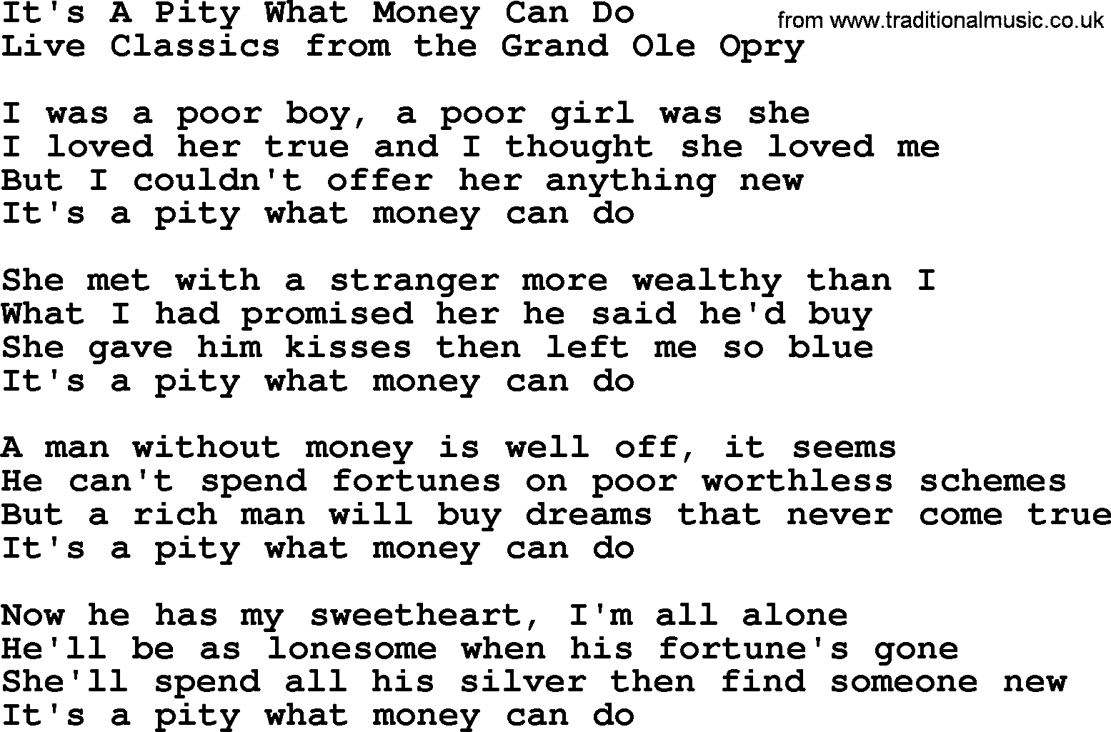 Marty Robbins song: It's A Pity What Money Can Do, lyrics