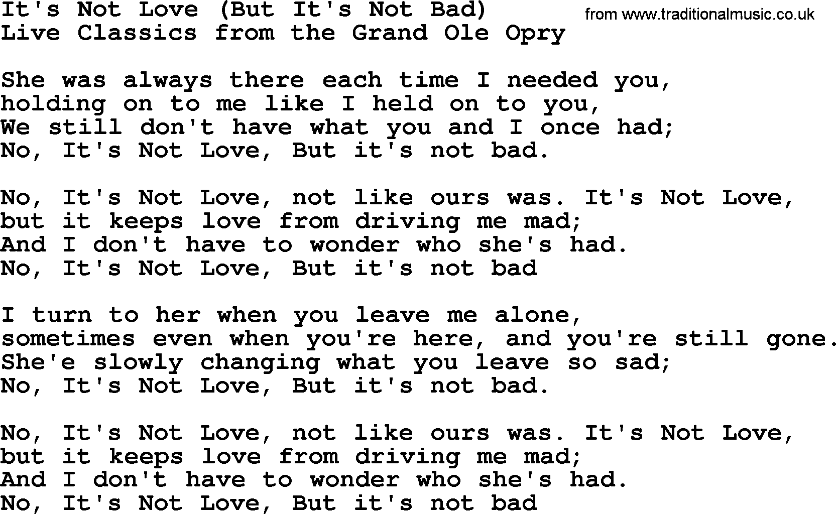 Marty Robbins song: It's Not Love But It's Not Bad, lyrics