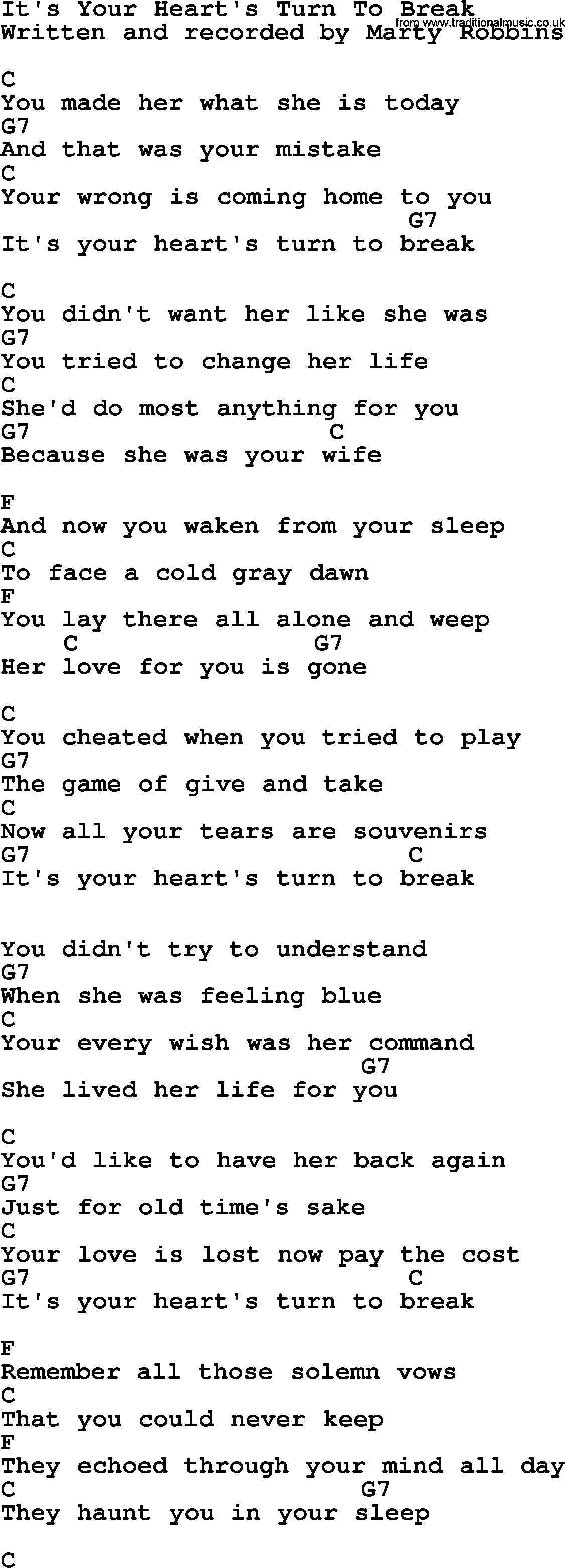 Marty Robbins song: It's Your Heart's Turn To Break, lyrics and chords