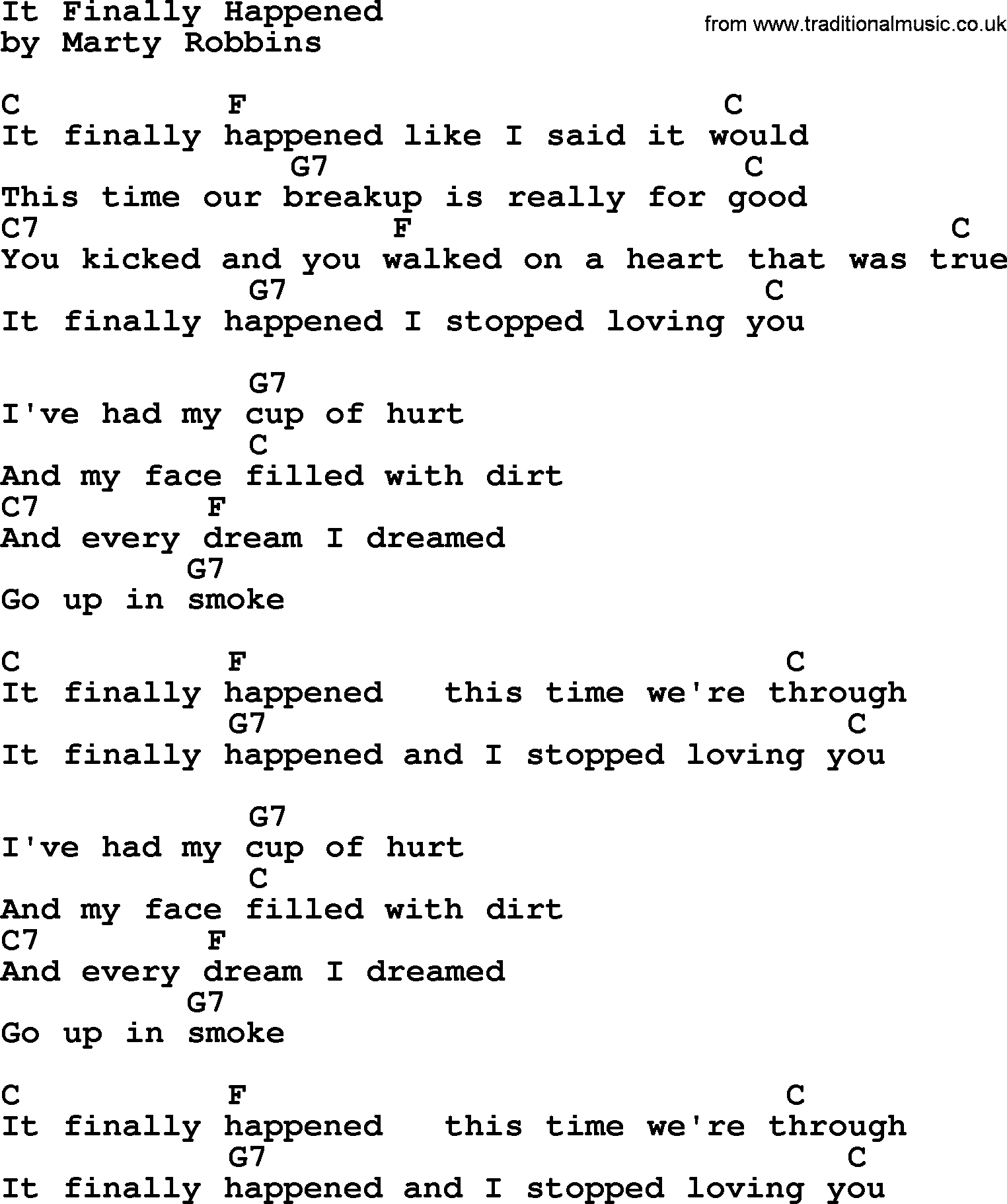 Marty Robbins song: It Finally Happened, lyrics and chords