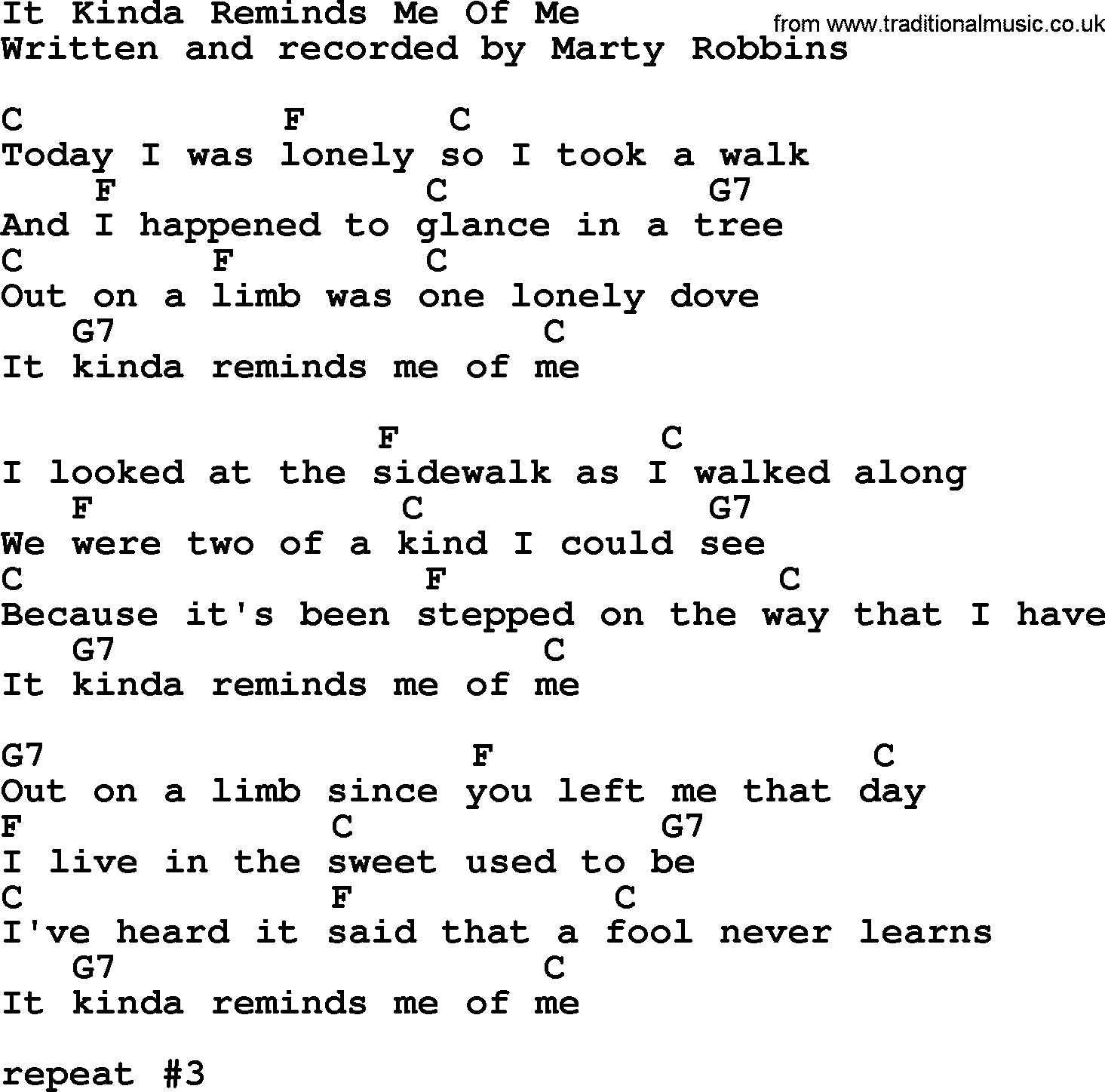 Marty Robbins song: It Kinda Reminds Me Of Me, lyrics and chords
