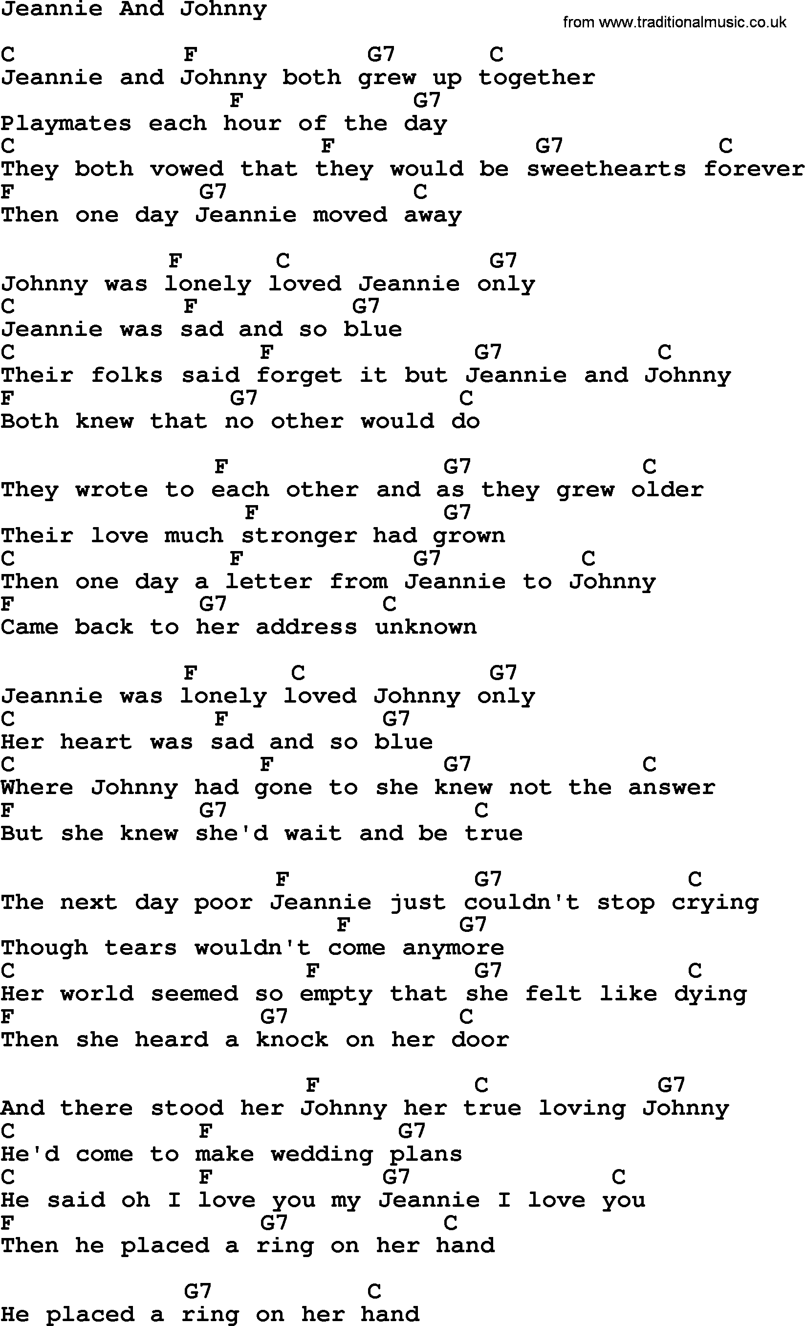 Marty Robbins song: Jeannie And Johnny, lyrics and chords