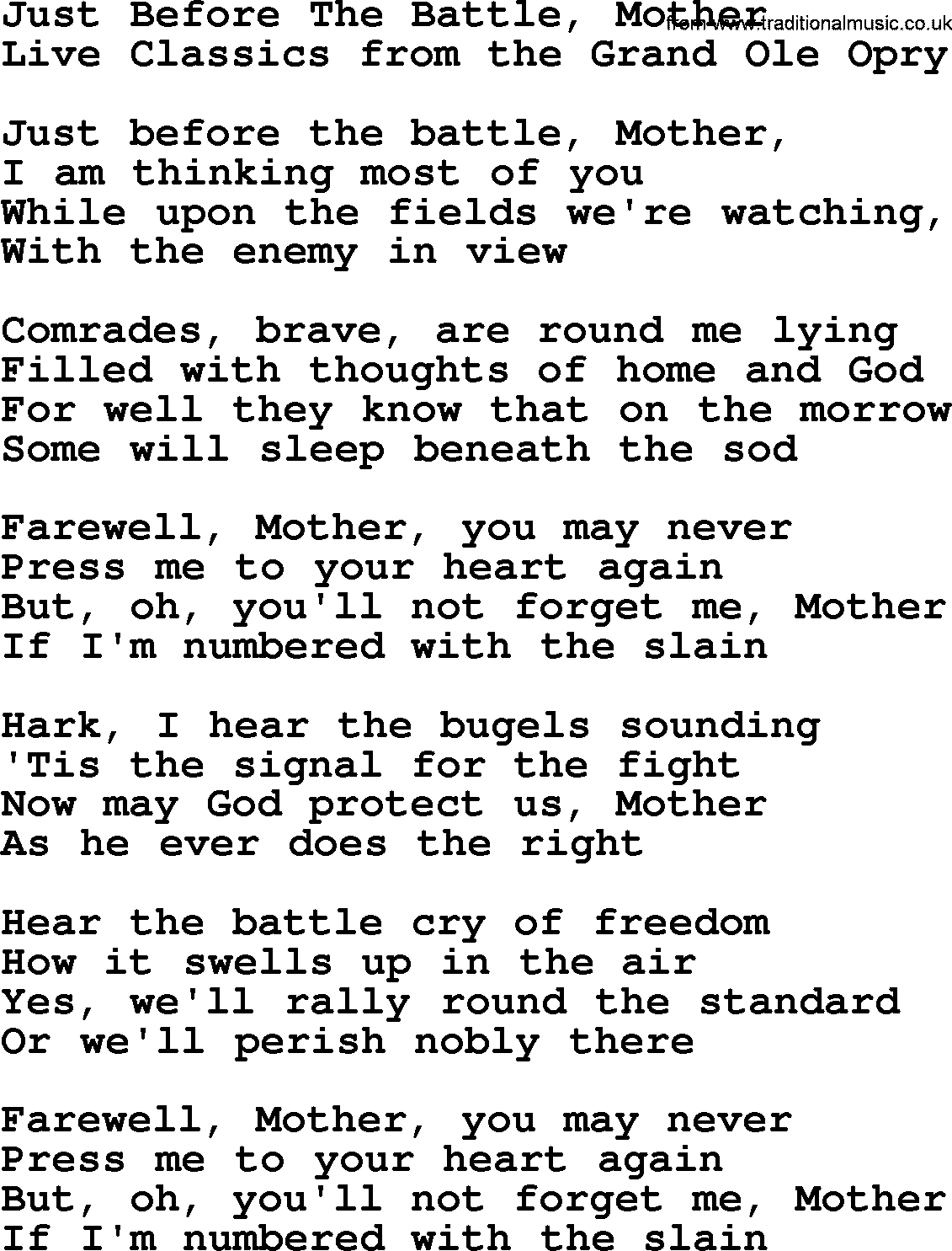 Marty Robbins song: Just Before The Battle Mother, lyrics