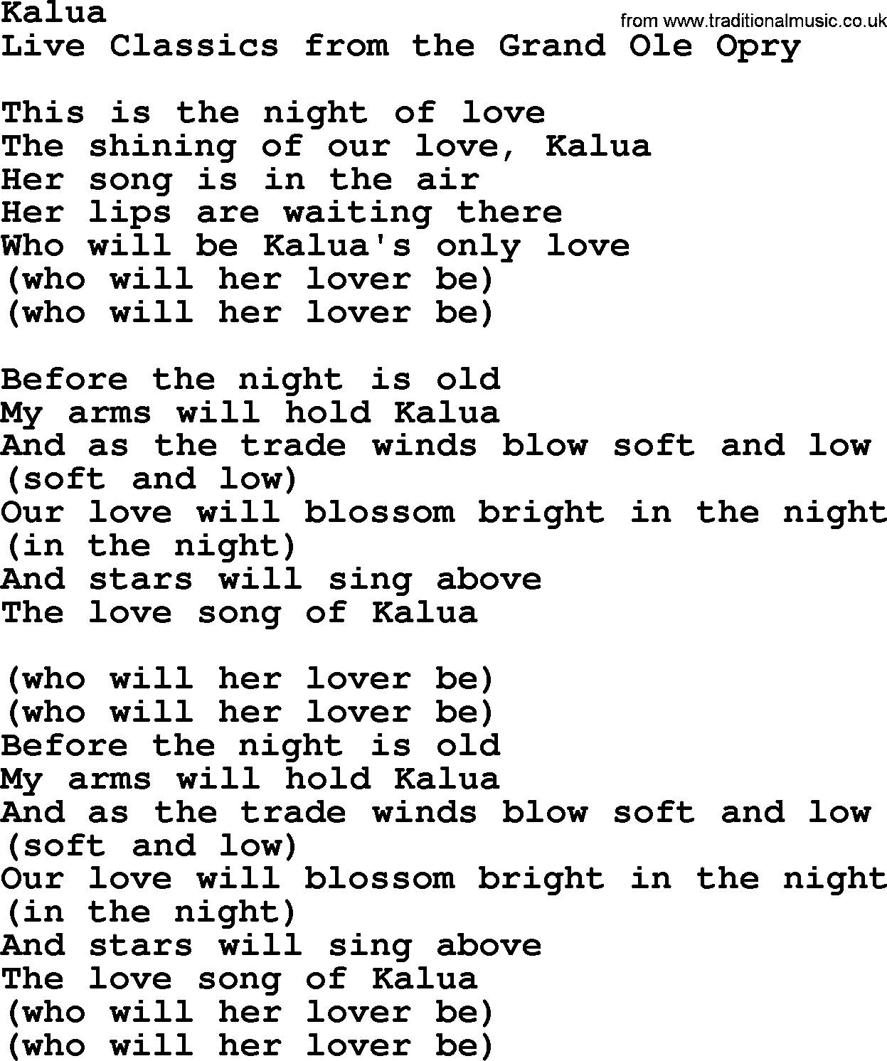 Marty Robbins song: Kalua, lyrics