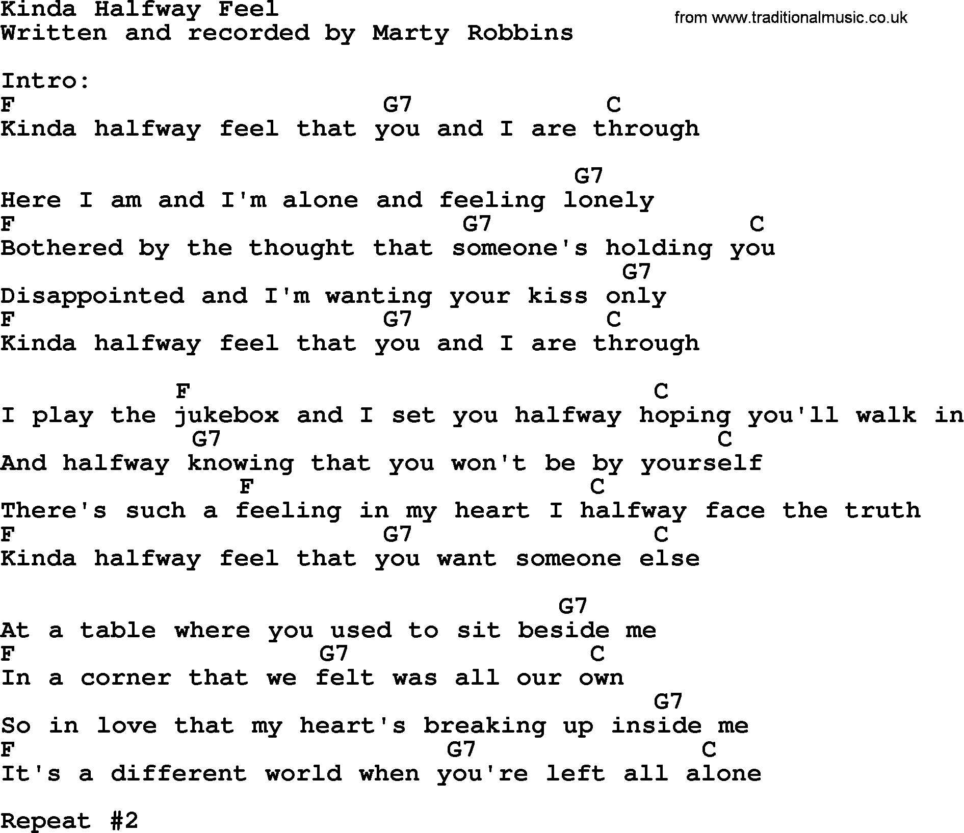 Marty Robbins song: Kinda Halfway Feel, lyrics and chords