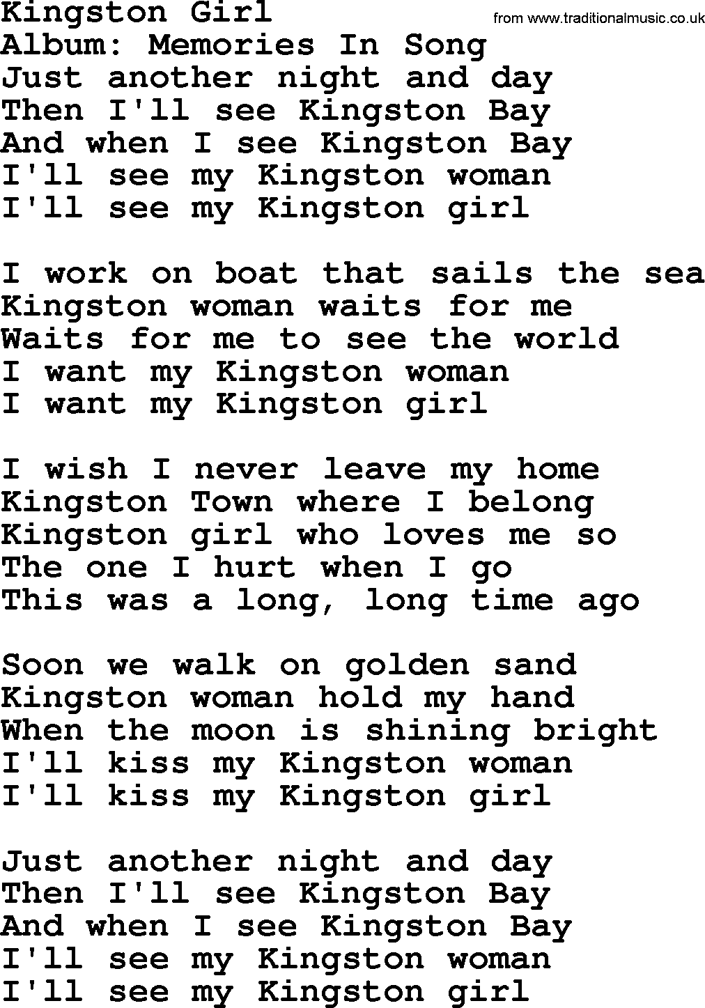 Marty Robbins song: Kingston Girl, lyrics