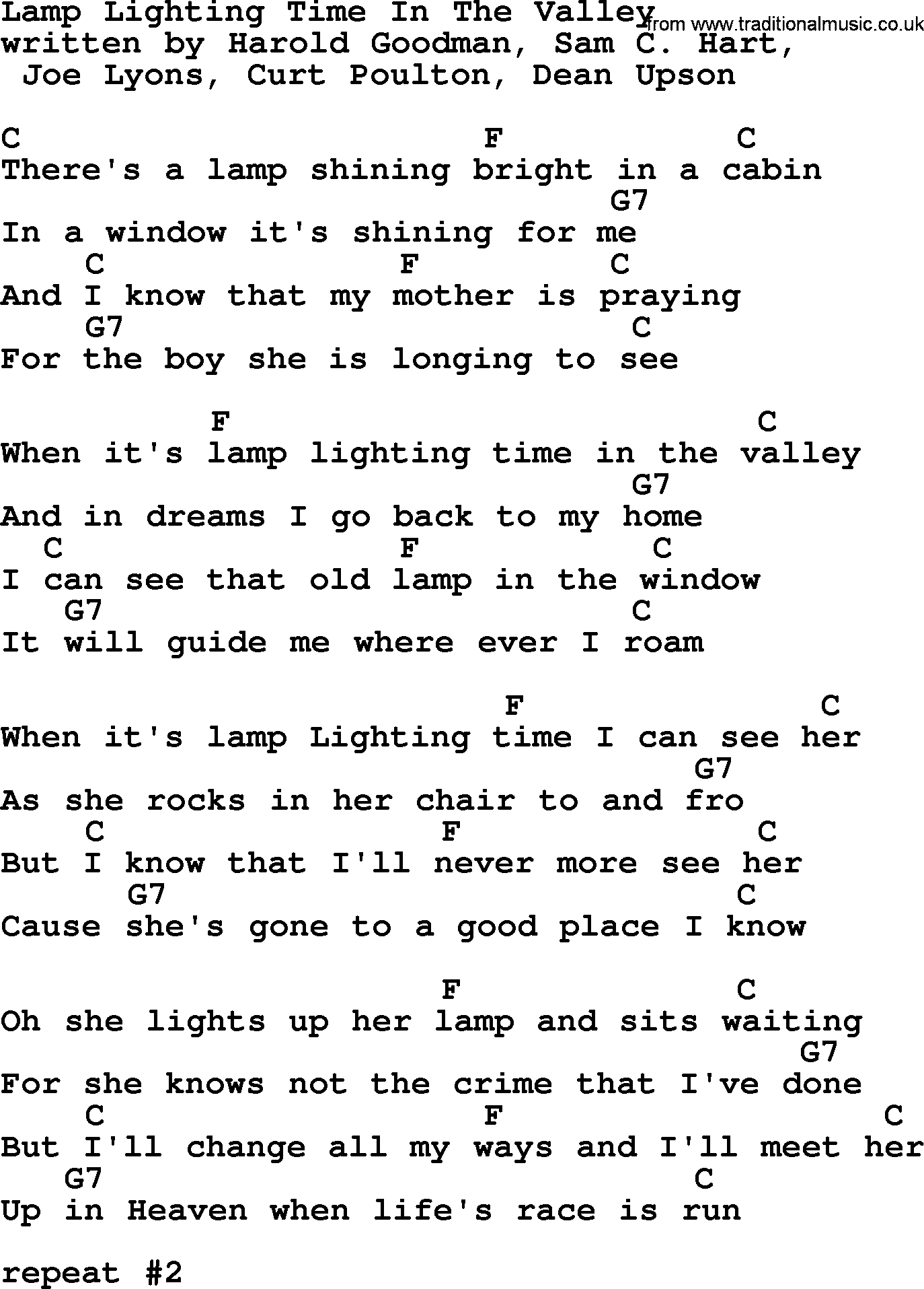 Marty Robbins song: Lamp Lighting Time In The Valley, lyrics and chords