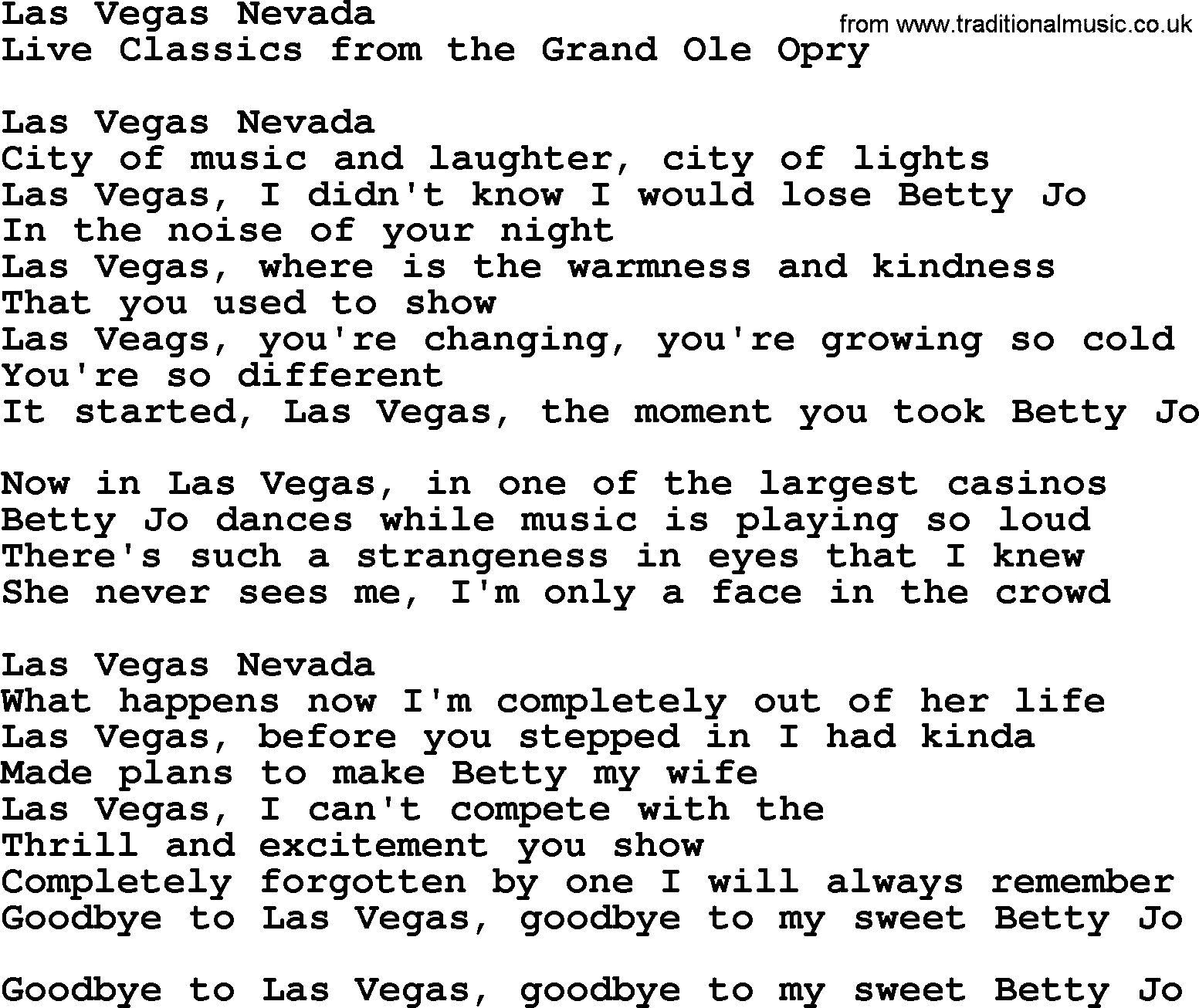 Marty Robbins song: Las Vegas Nevada, lyrics