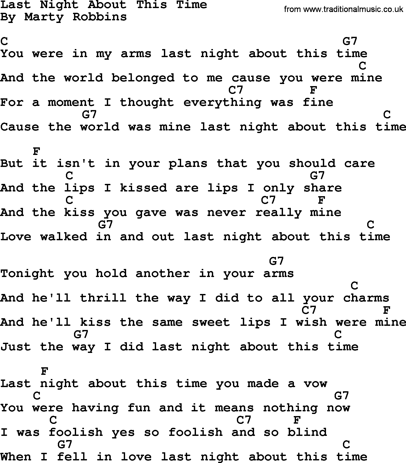 Marty Robbins song: Last Night About This Time, lyrics and chords
