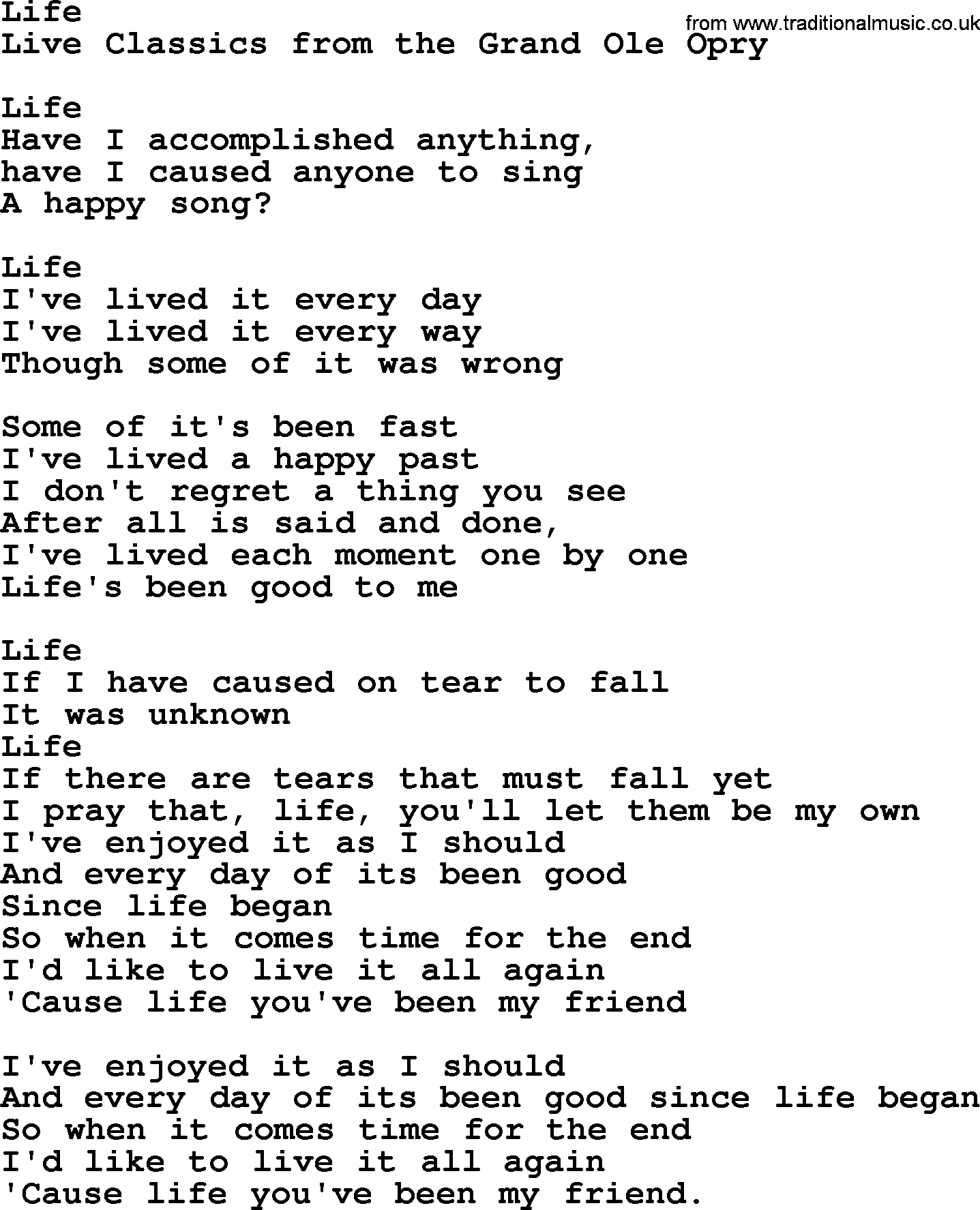 Marty Robbins song: Life, lyrics