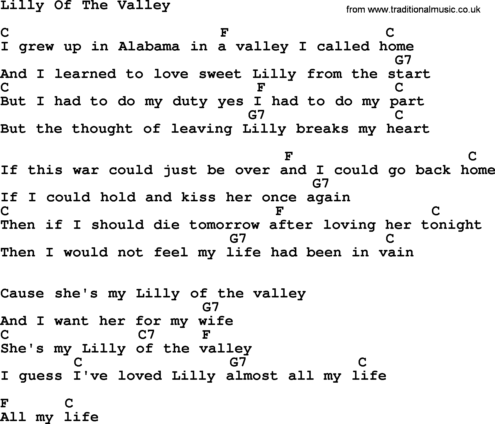 Marty Robbins song: Lilly Of The Valley, lyrics and chords