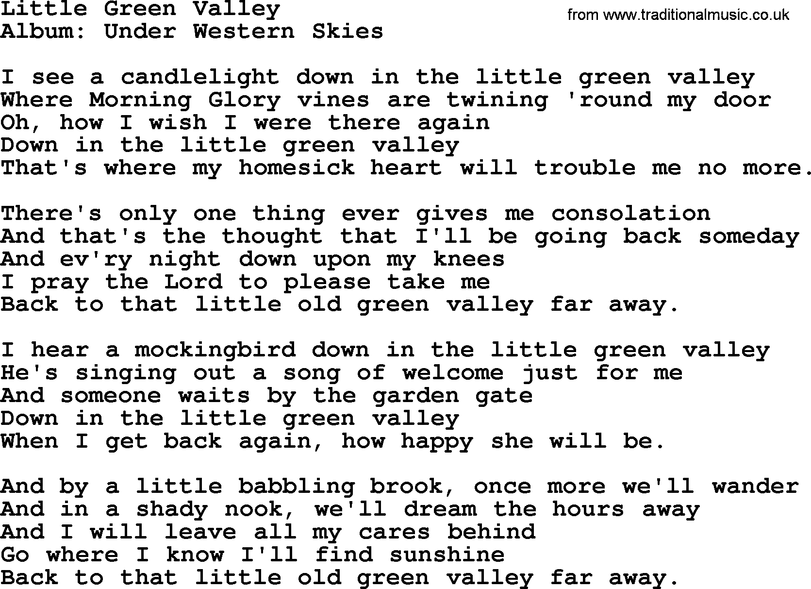 Marty Robbins song: Little Green Valley, lyrics