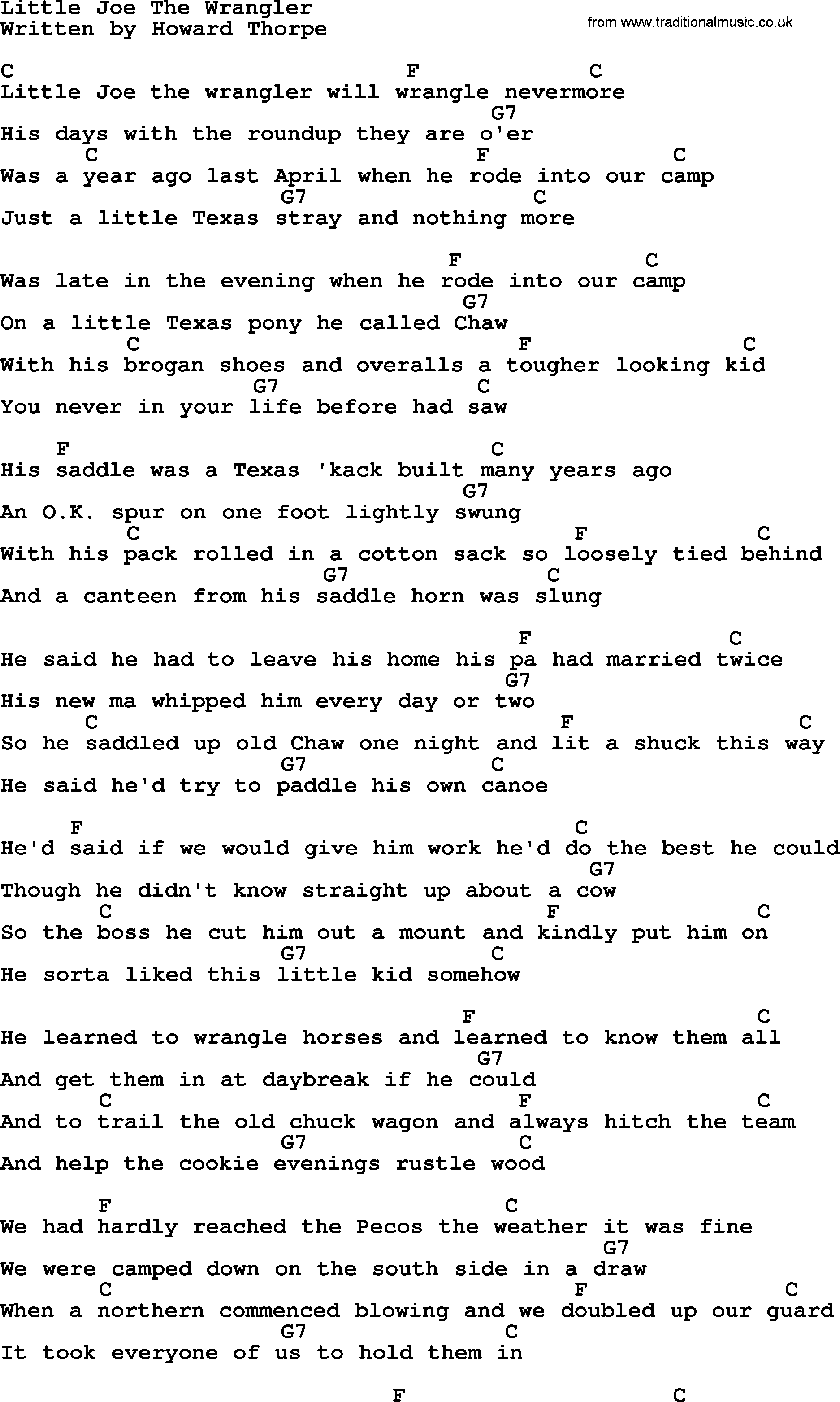 Marty Robbins song: Little Joe The Wrangler, lyrics and chords