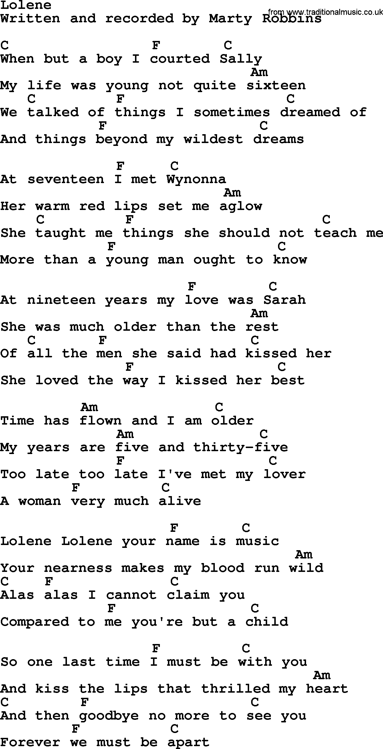 Marty Robbins song: Lolene, lyrics and chords