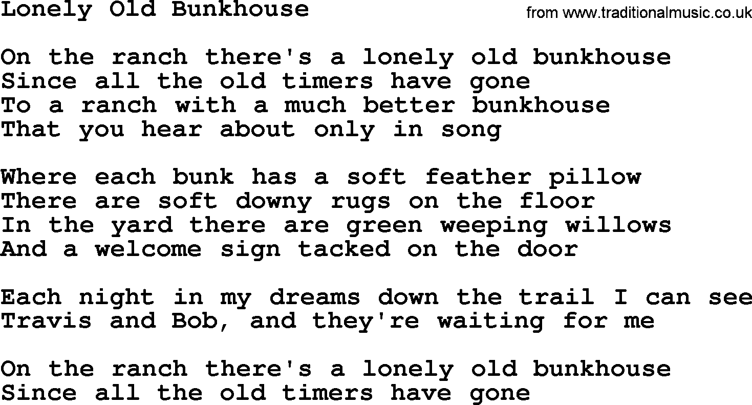 Marty Robbins song: Lonely Old Bunkhouse, lyrics