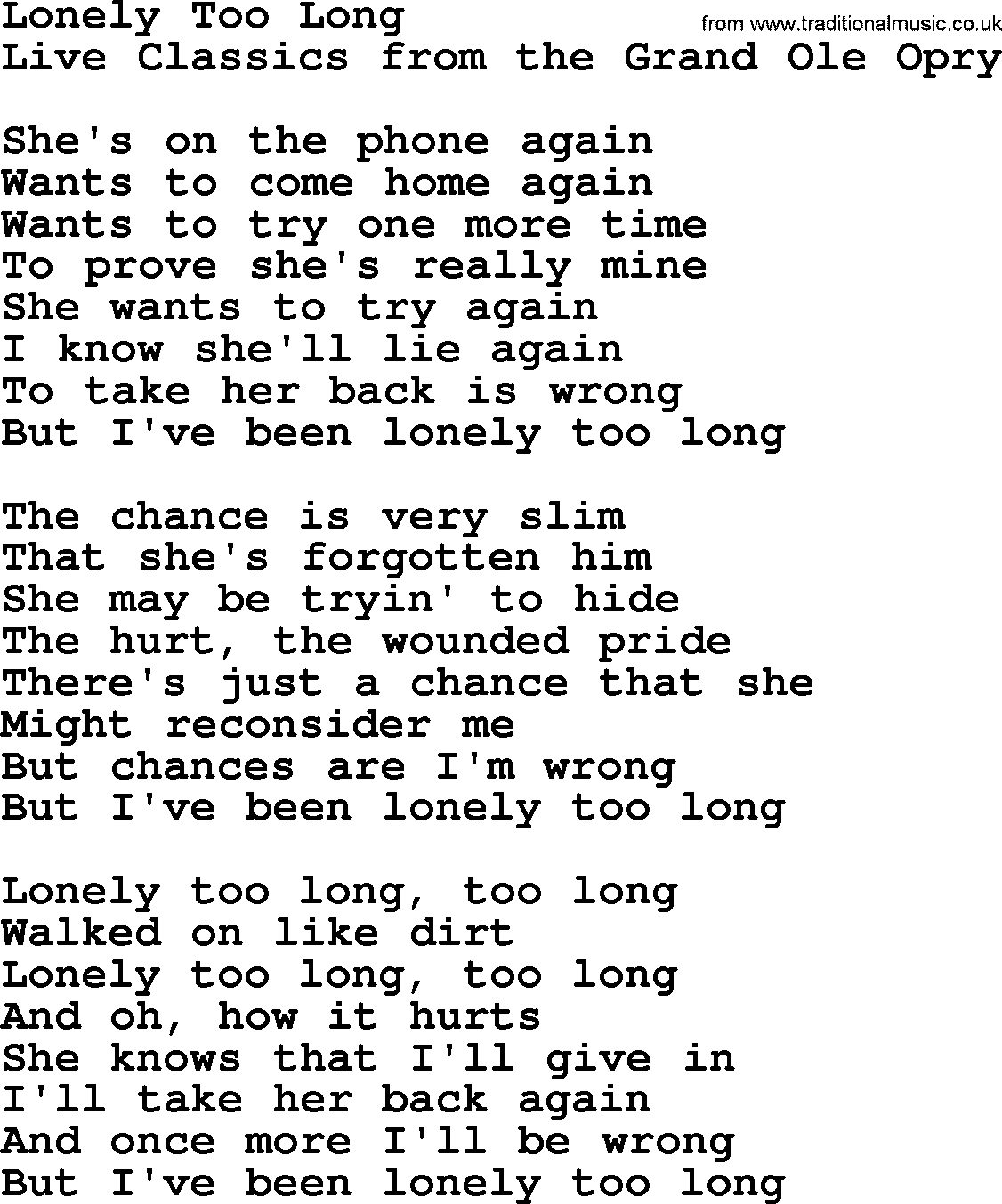 Marty Robbins song: Lonely Too Long, lyrics