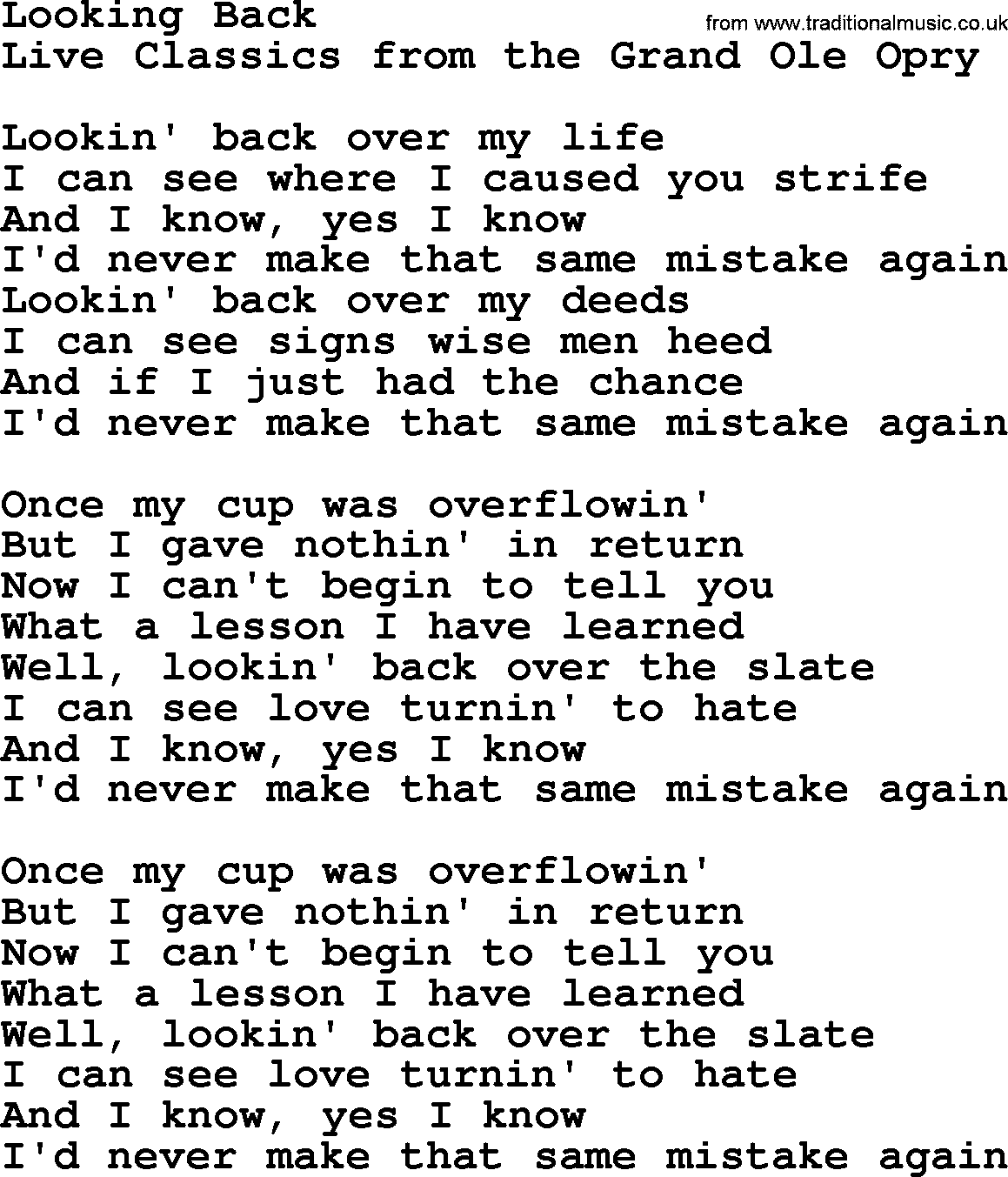 Marty Robbins song: Looking Back, lyrics