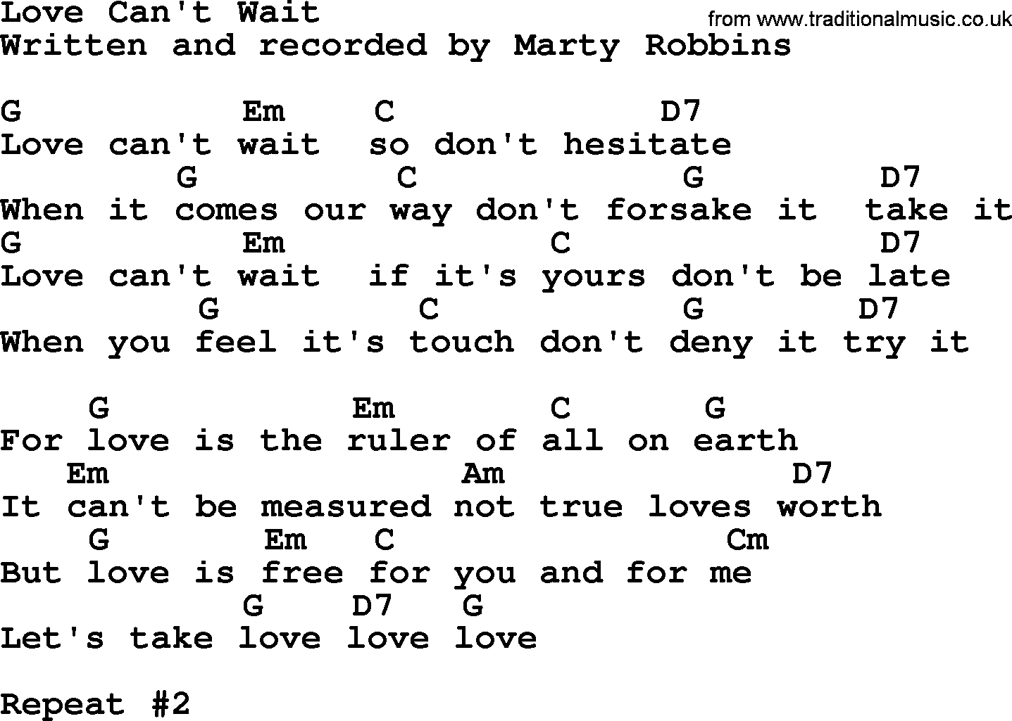 Marty Robbins song: Love Can't Wait, lyrics and chords