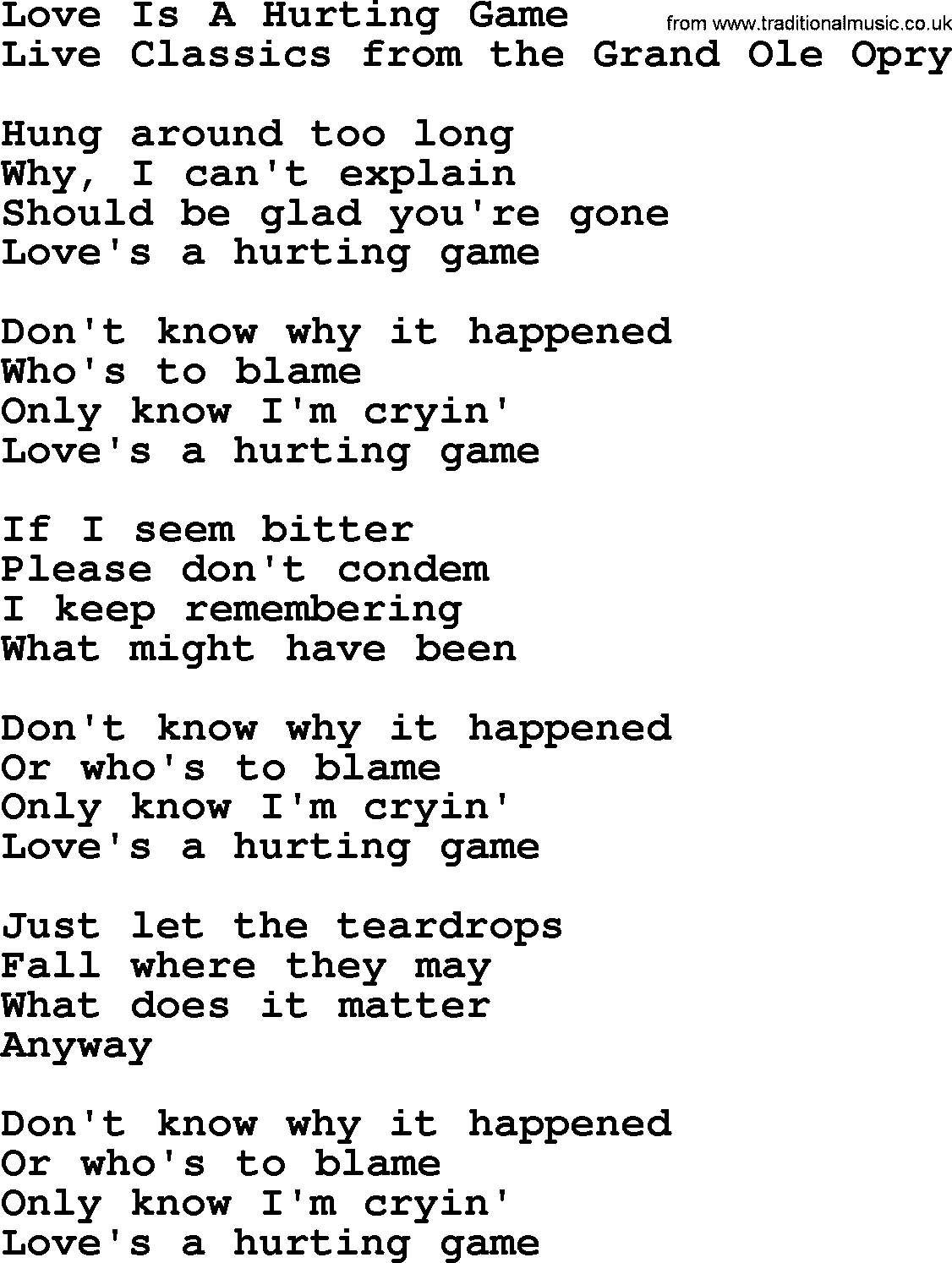 Marty Robbins song: Love Is A Hurting Game, lyrics