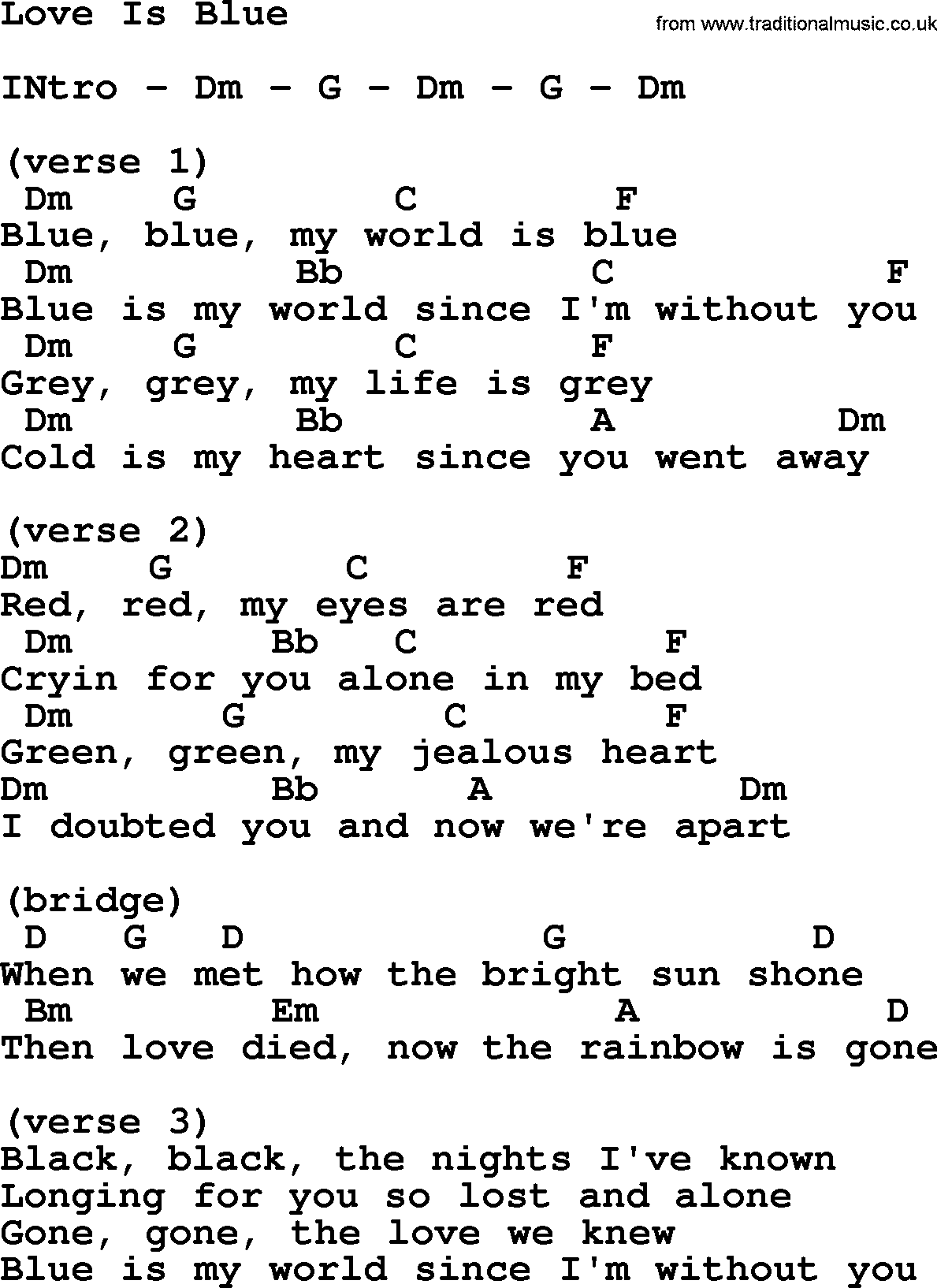 Marty Robbins song: Love Is Blue, lyrics and chords