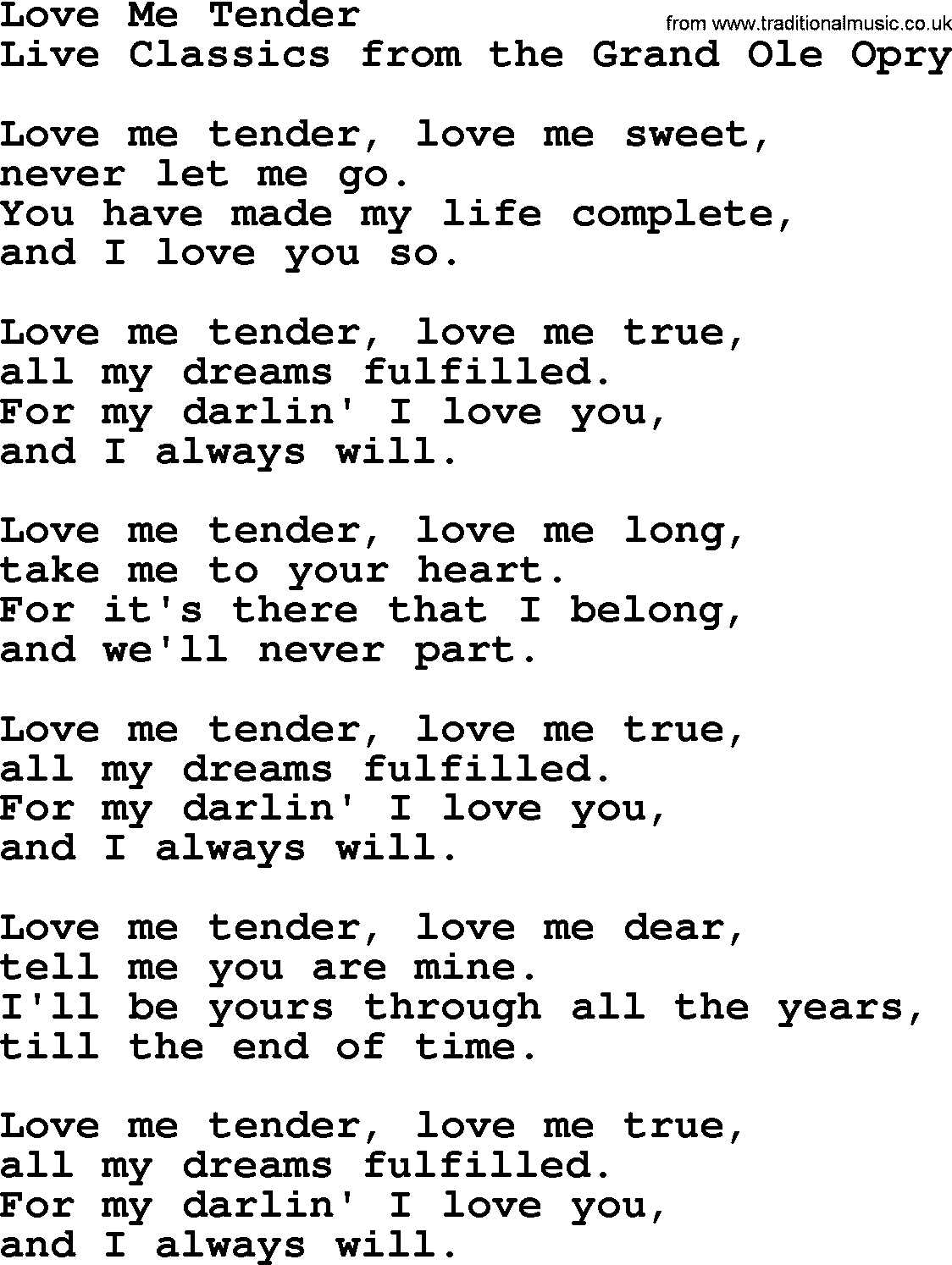 Love Me Tender By Marty Robbins Lyrics