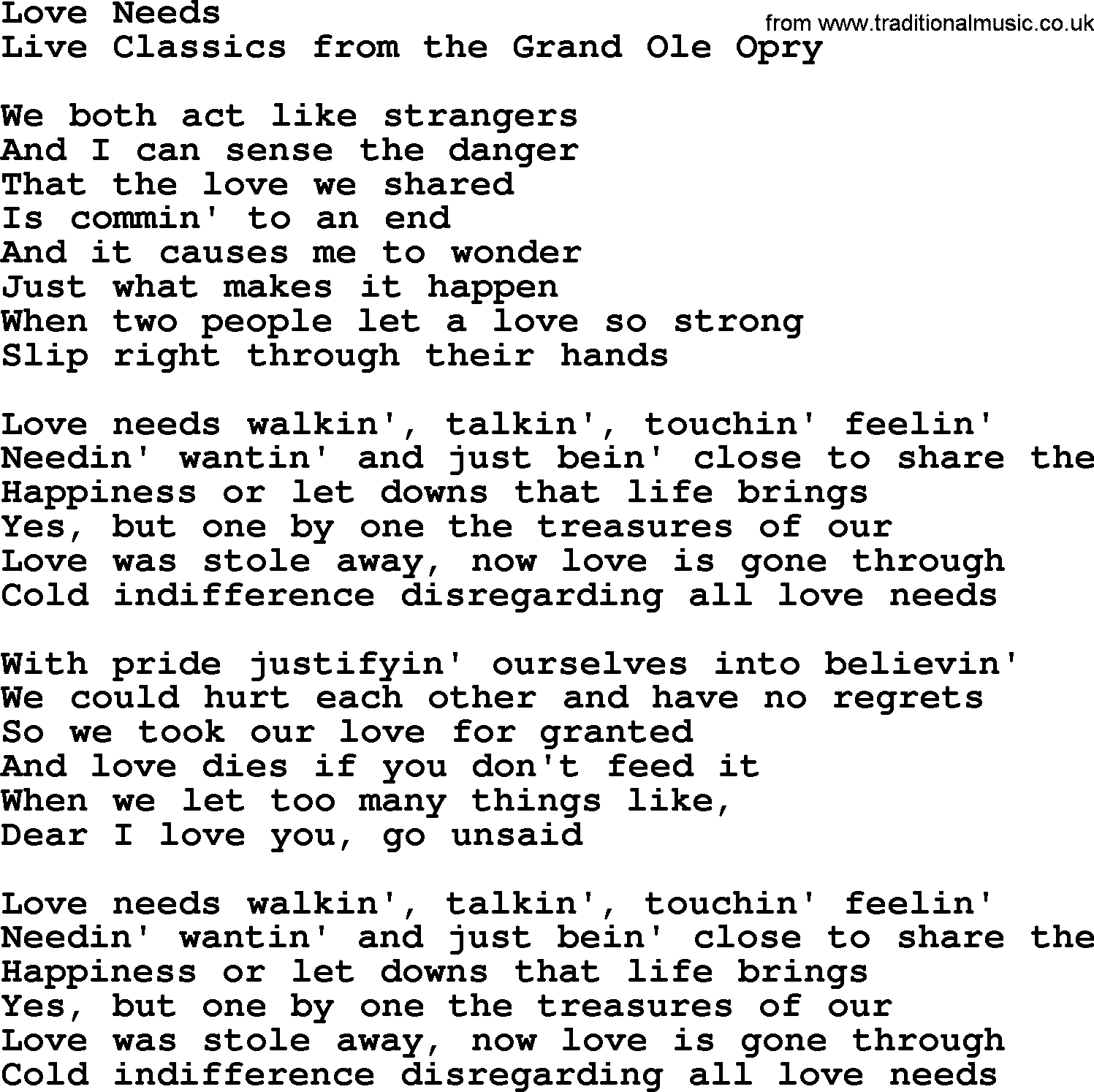 Marty Robbins song: Love Needs, lyrics