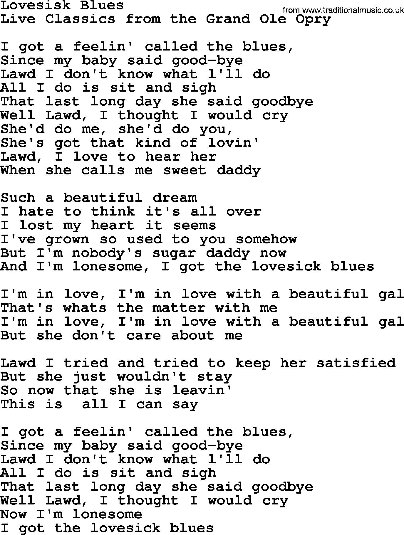 Marty Robbins song: Lovesick Blues, lyrics
