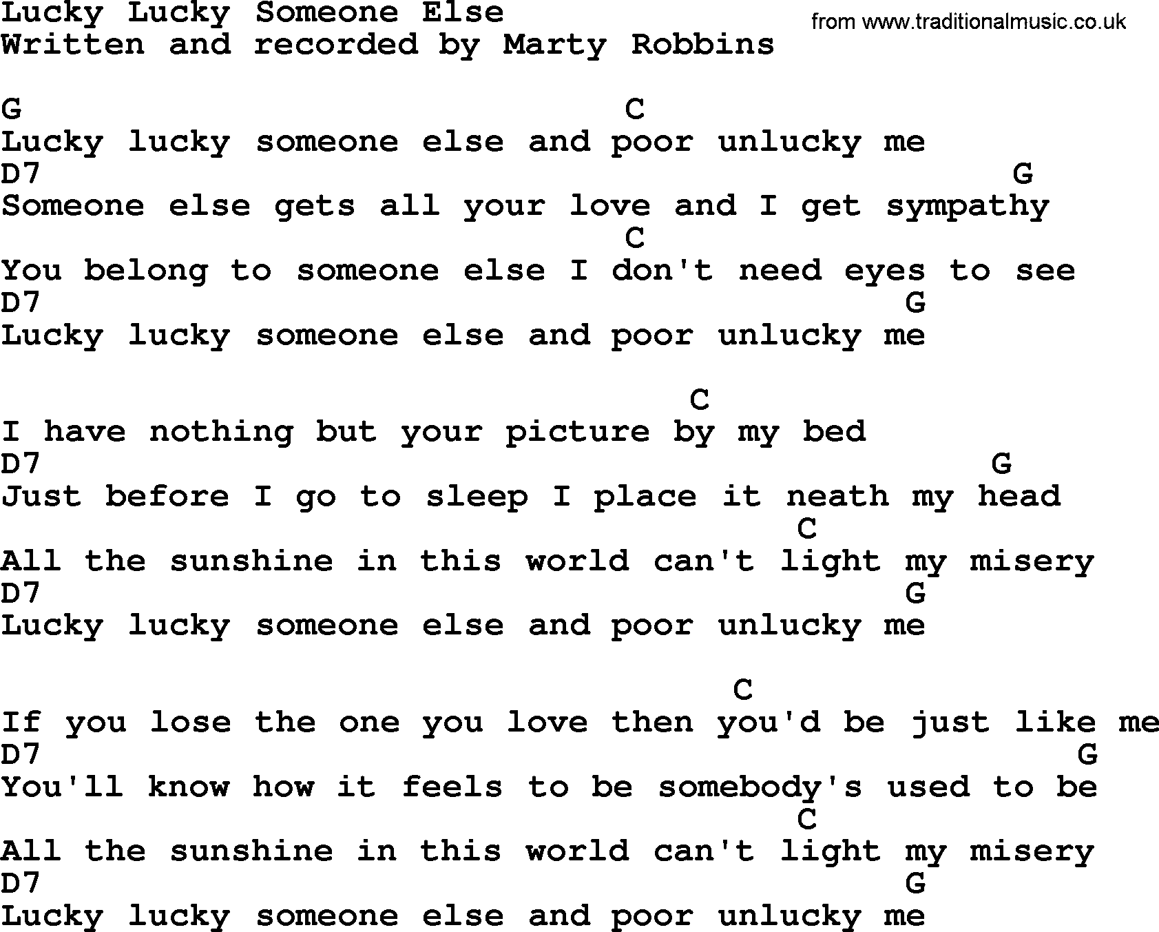 Marty Robbins song: Lucky Lucky Someone Else, lyrics and chords