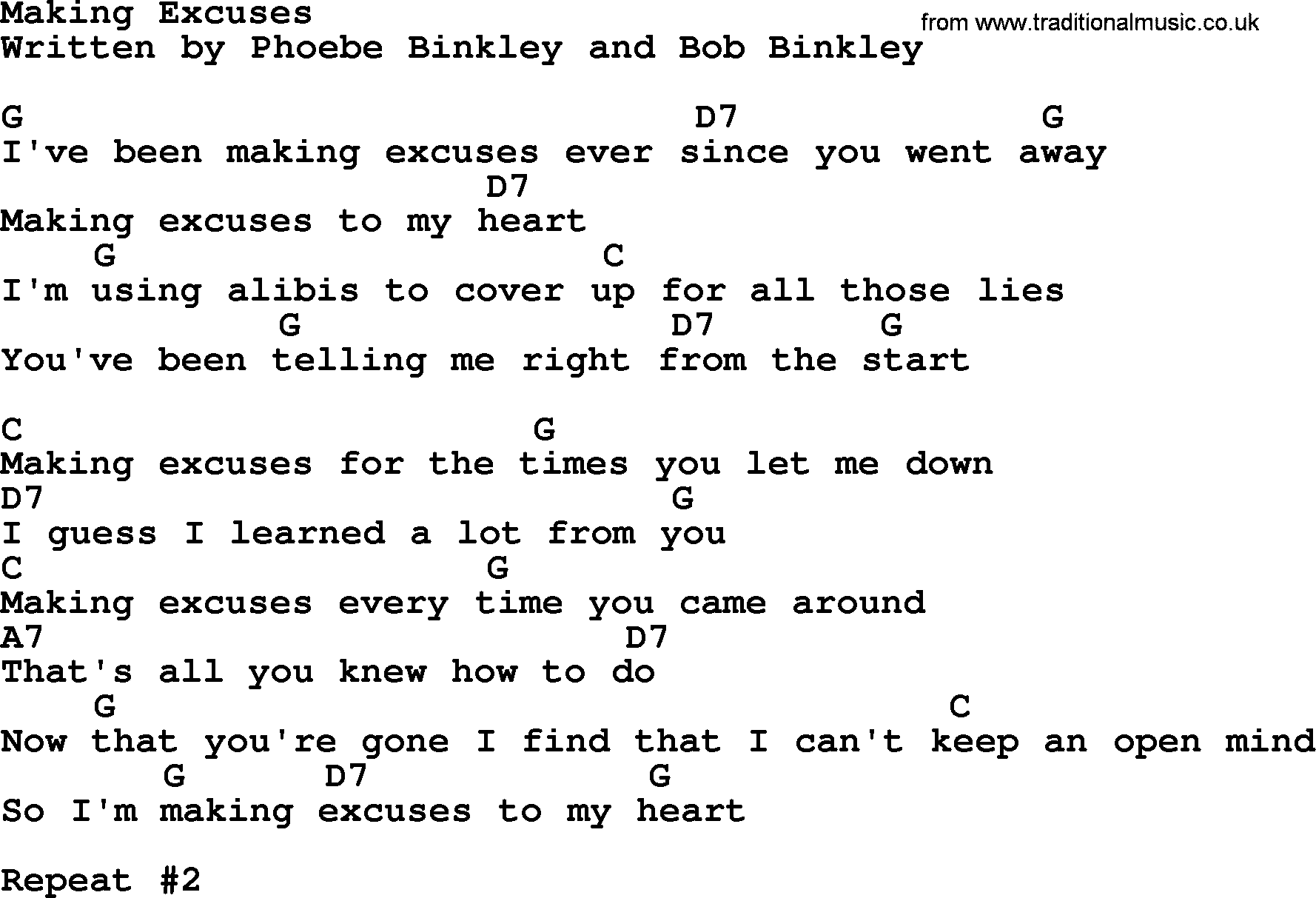 Marty Robbins song: Making Excuses, lyrics and chords