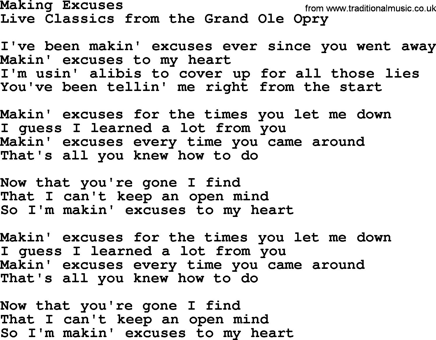 Marty Robbins song: Making Excuses, lyrics