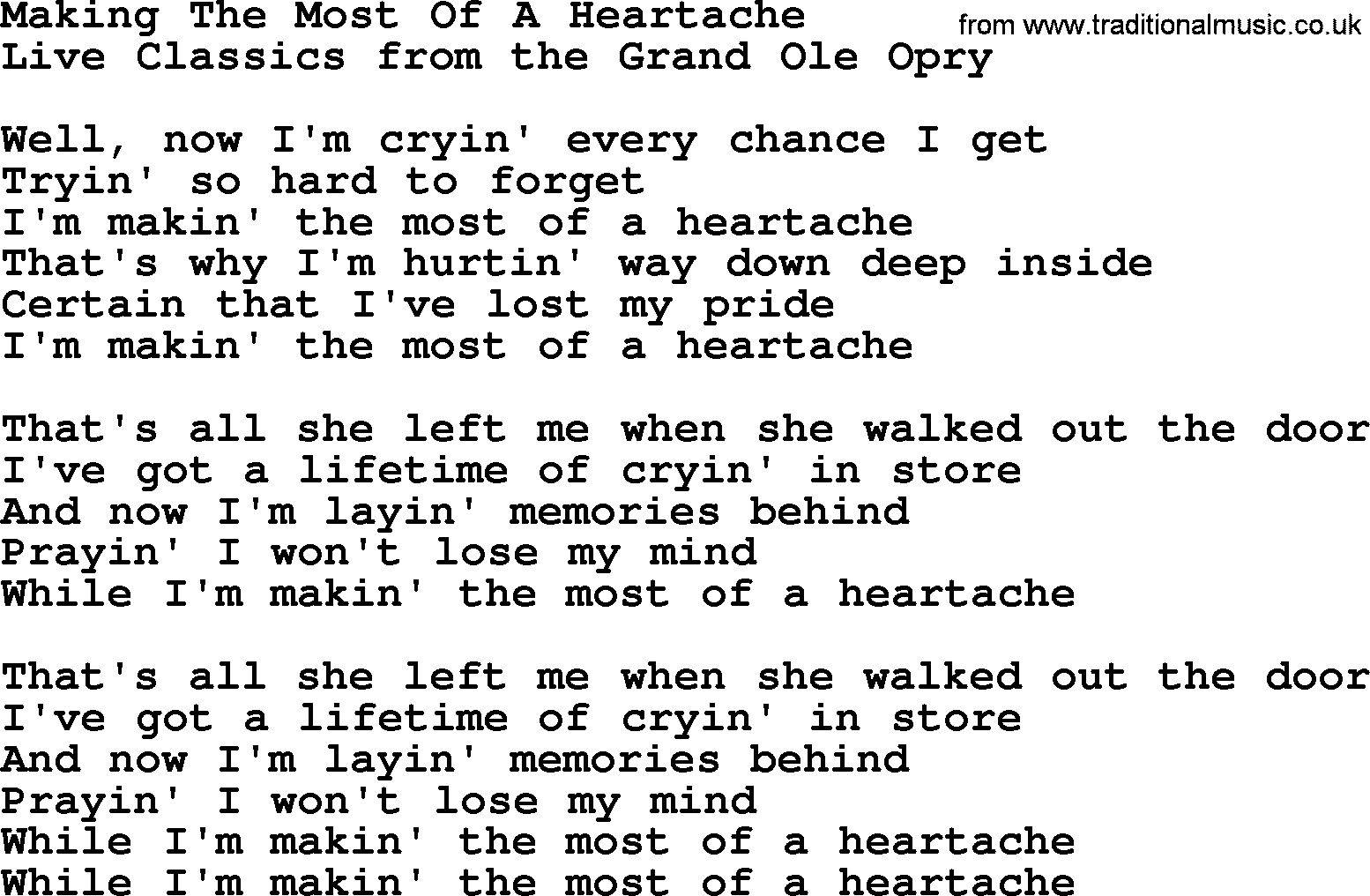 Marty Robbins song: Making The Most Of A Heartache, lyrics