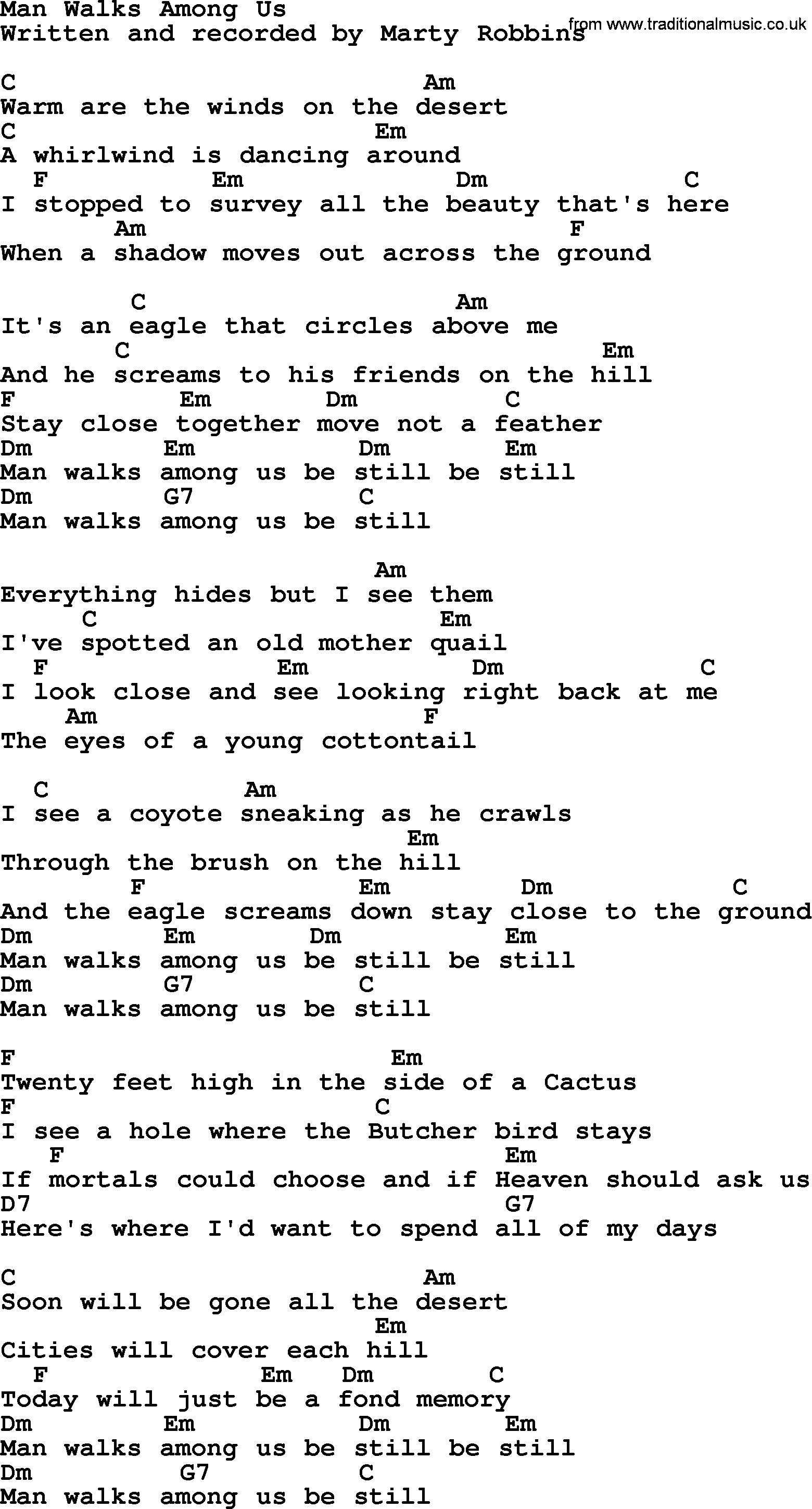 Marty Robbins song: Man Walks Among Us, lyrics and chords