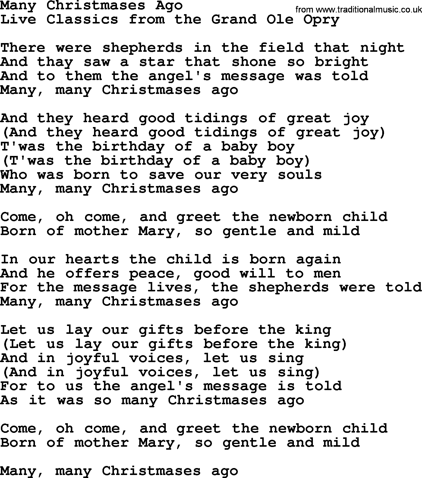 Marty Robbins song: Many Christmases Ago, lyrics