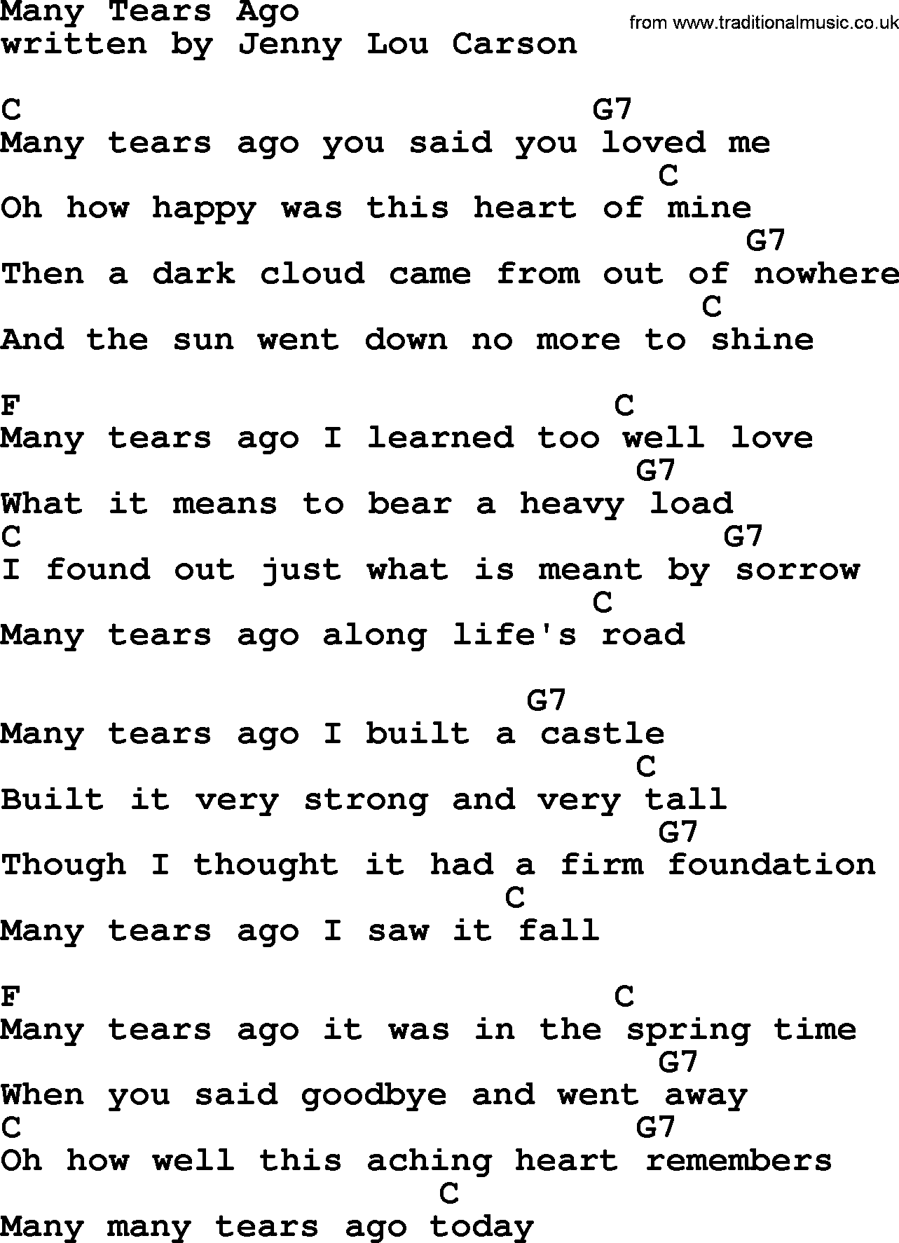 Marty Robbins song: Many Tears Ago, lyrics and chords