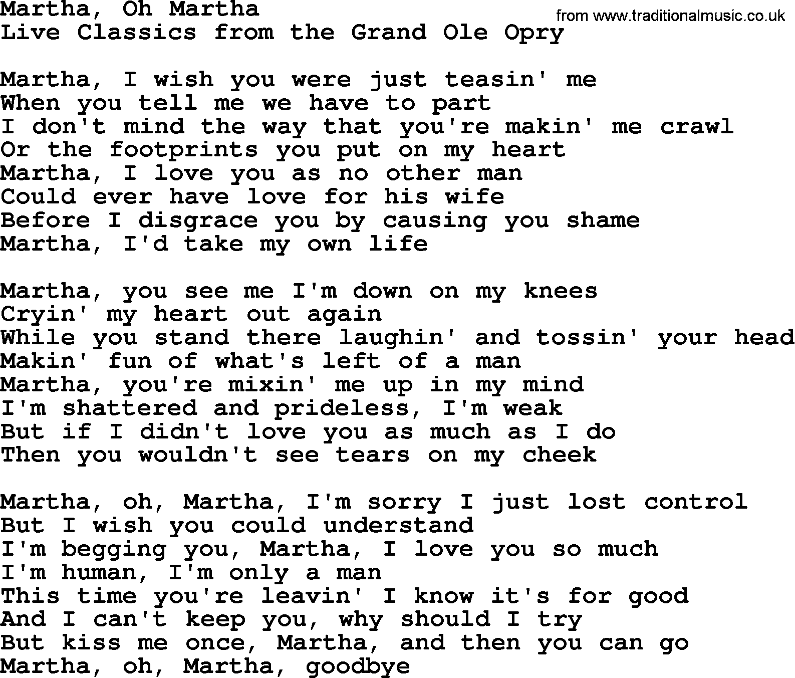 Marty Robbins song: Martha Oh Martha, lyrics