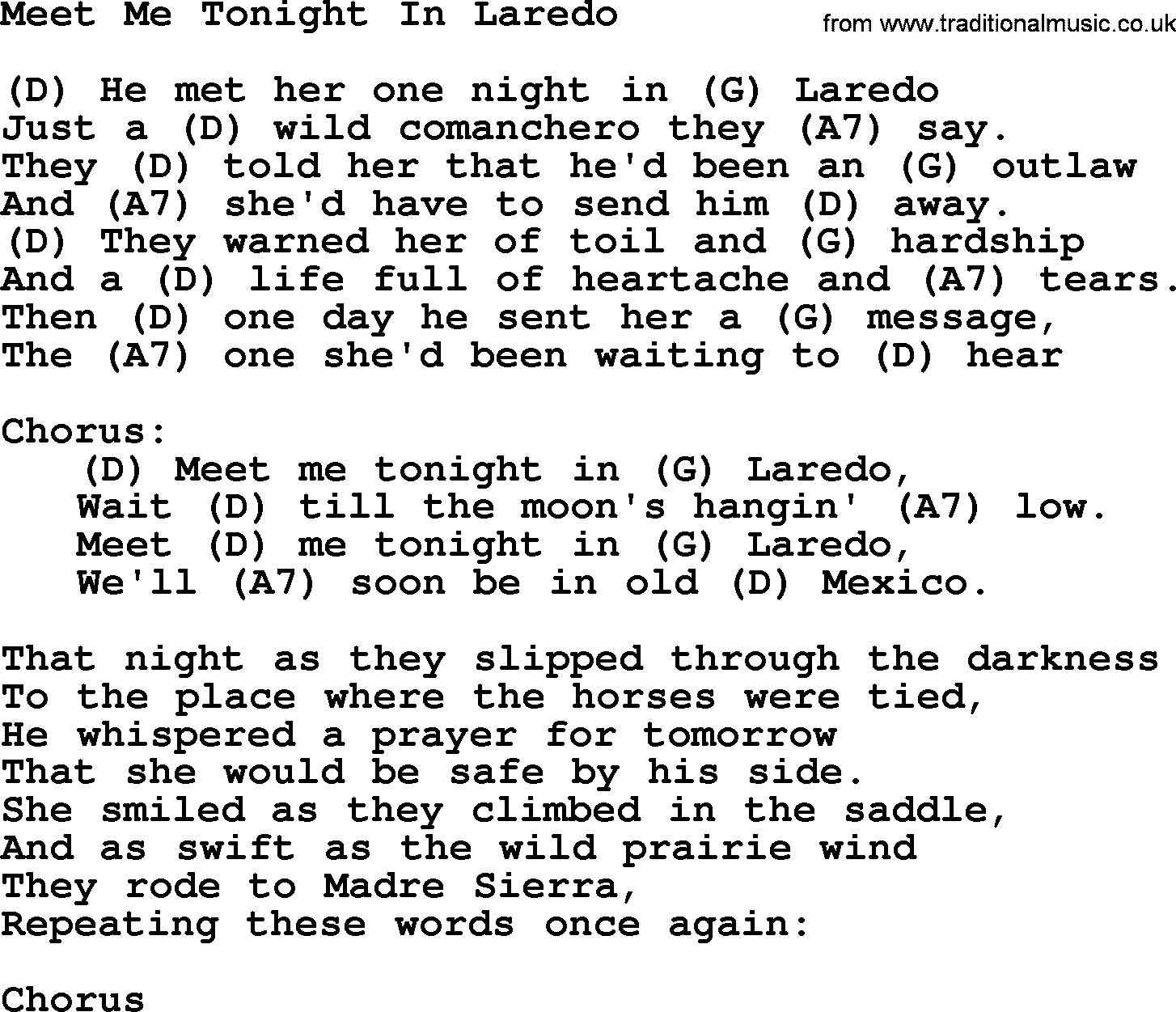 Marty Robbins song: Meet Me Tonight In Laredo, lyrics and chords