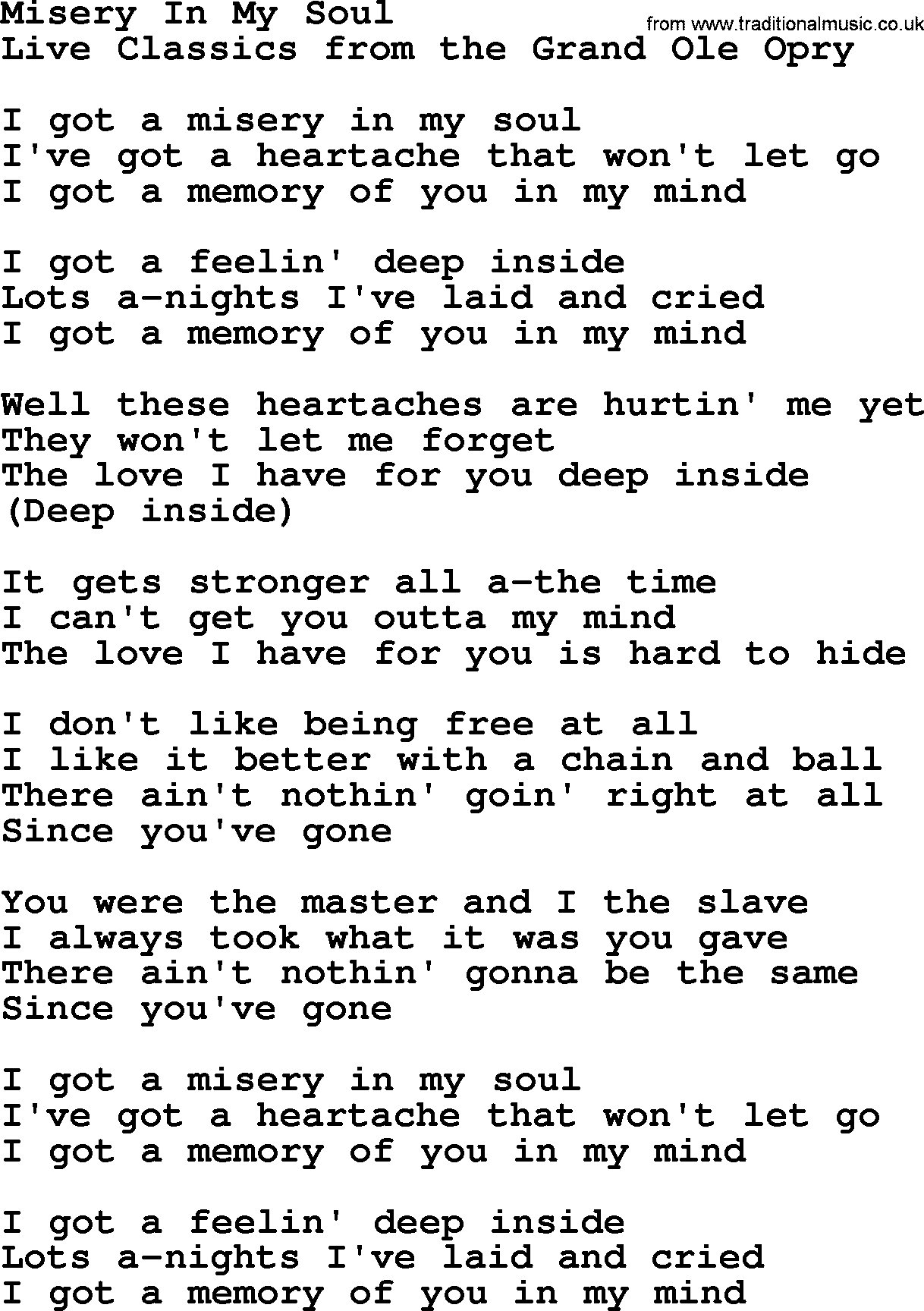 Marty Robbins song: Misery In My Soul, lyrics
