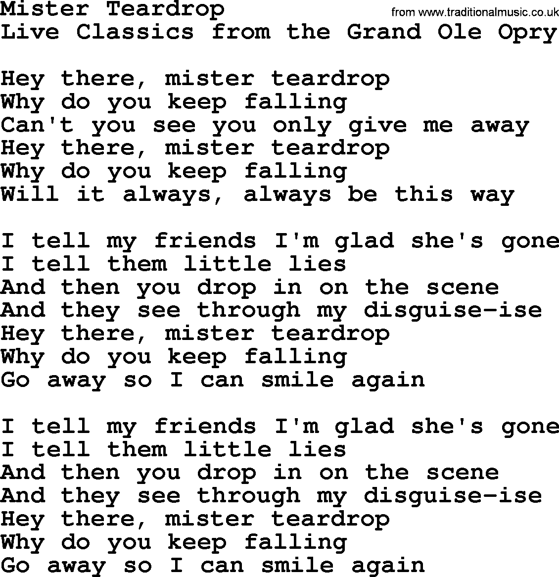 Marty Robbins song: Mister Teardrop, lyrics