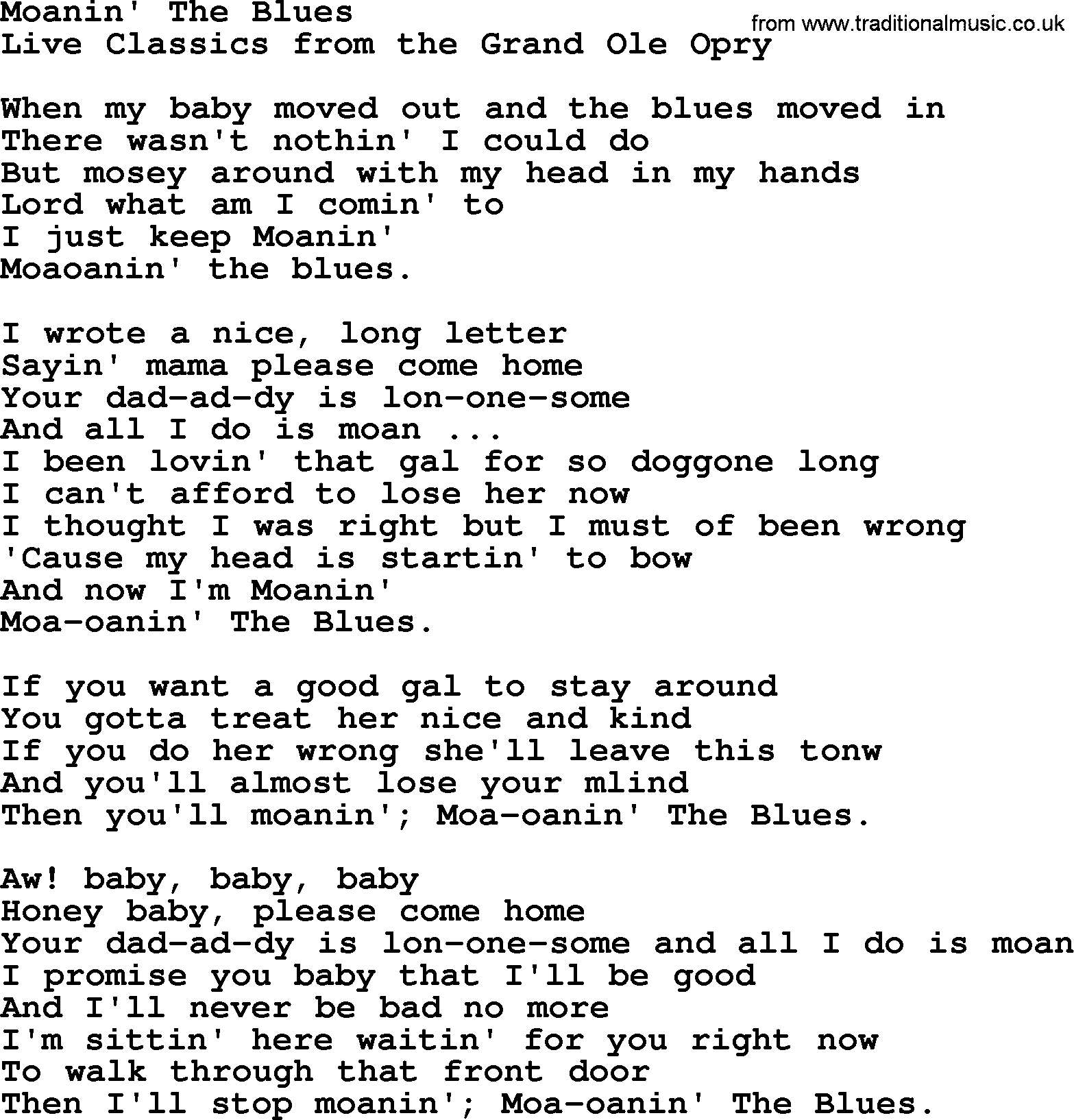 Marty Robbins song: Moanin The Blues, lyrics