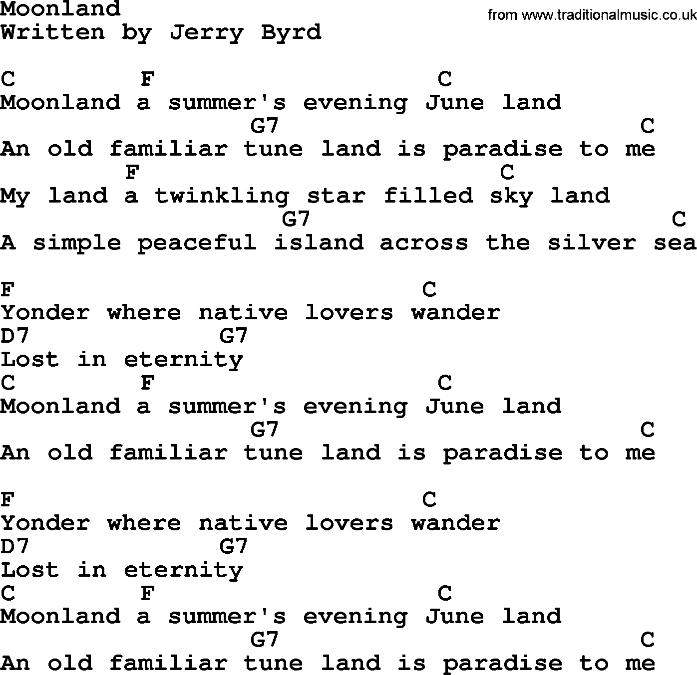 Marty Robbins song: Moonland, lyrics and chords