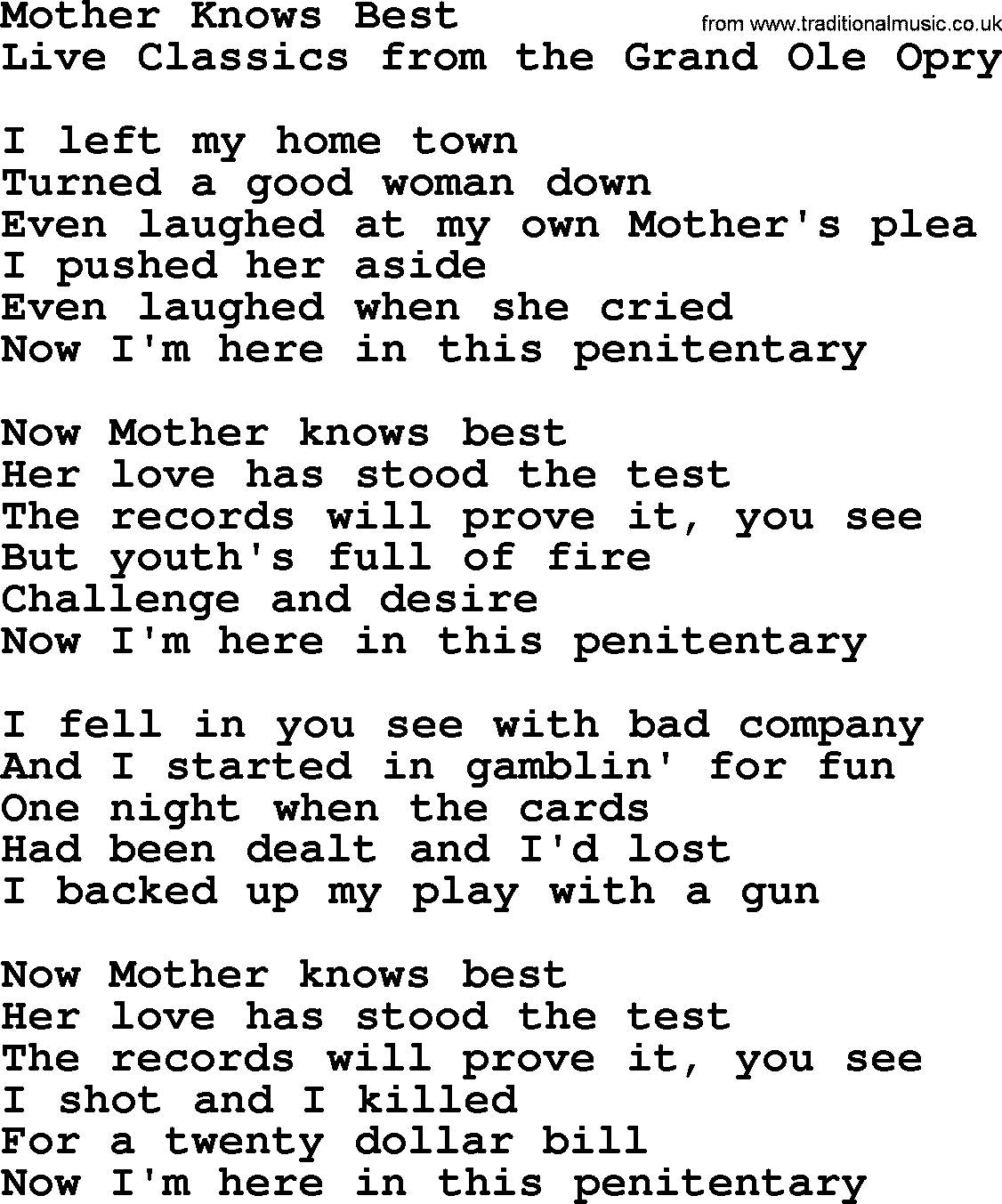 Marty Robbins song: Mother Knows Best, lyrics