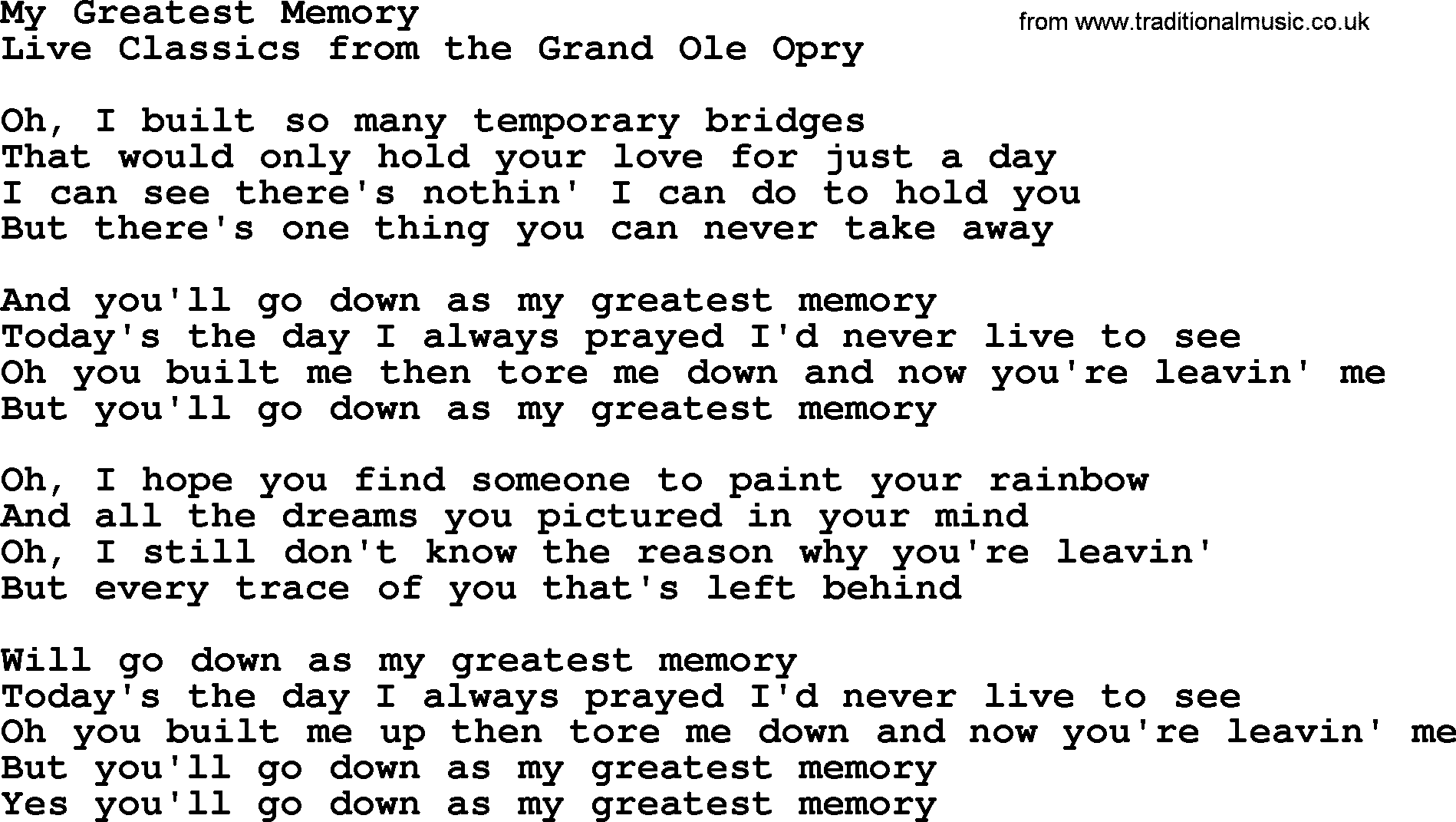 Marty Robbins song: My Greatest Memory, lyrics