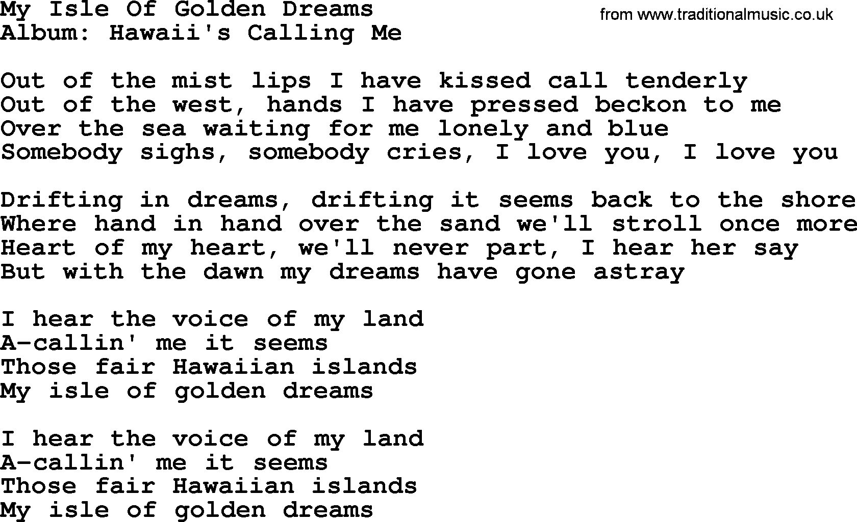 Marty Robbins song: My Isle Of Golden Dreams, lyrics