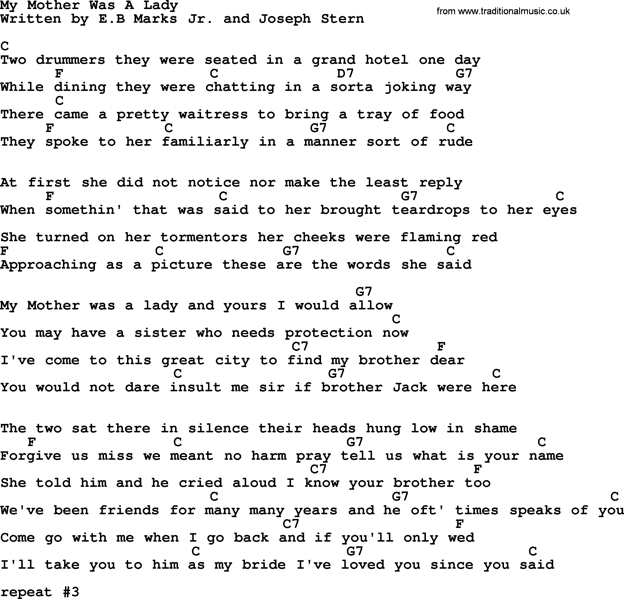 Marty Robbins song: My Mother Was A Lady, lyrics and chords