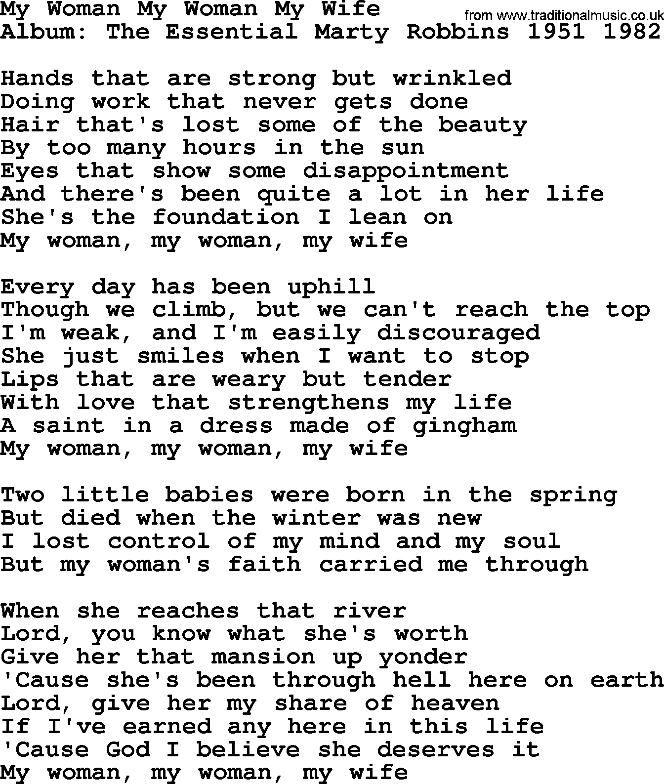 Marty Robbins song: My Woman My Woman My Wife, lyrics