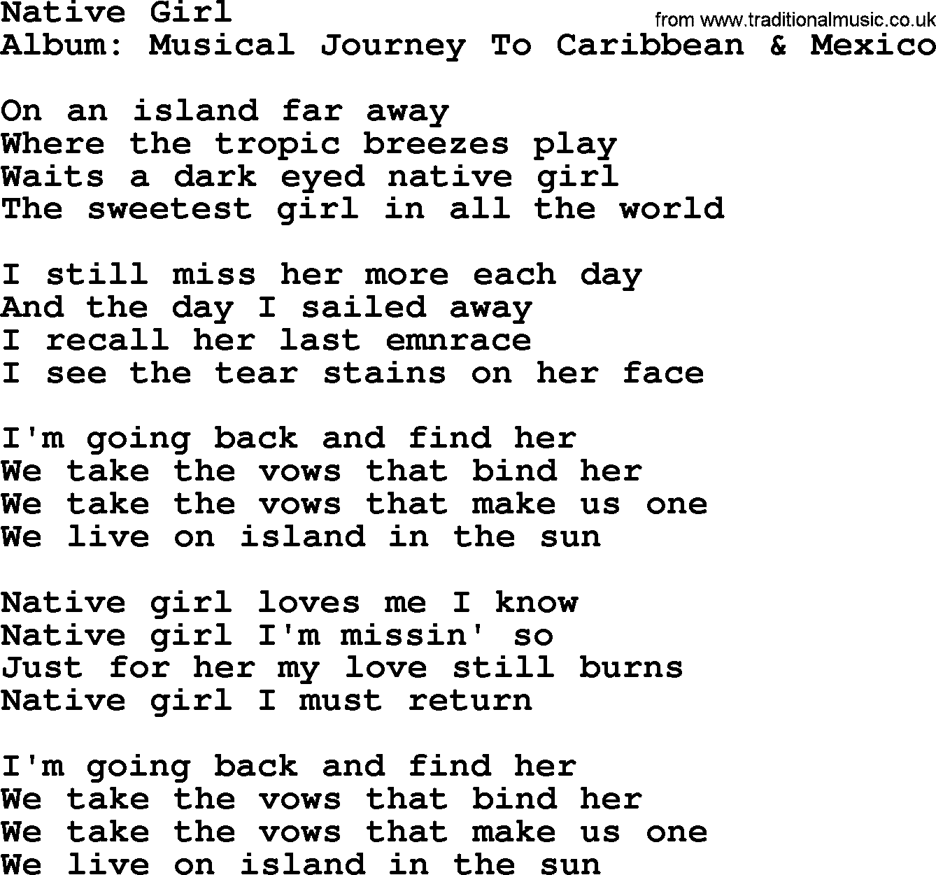 Marty Robbins song: Native Girl, lyrics